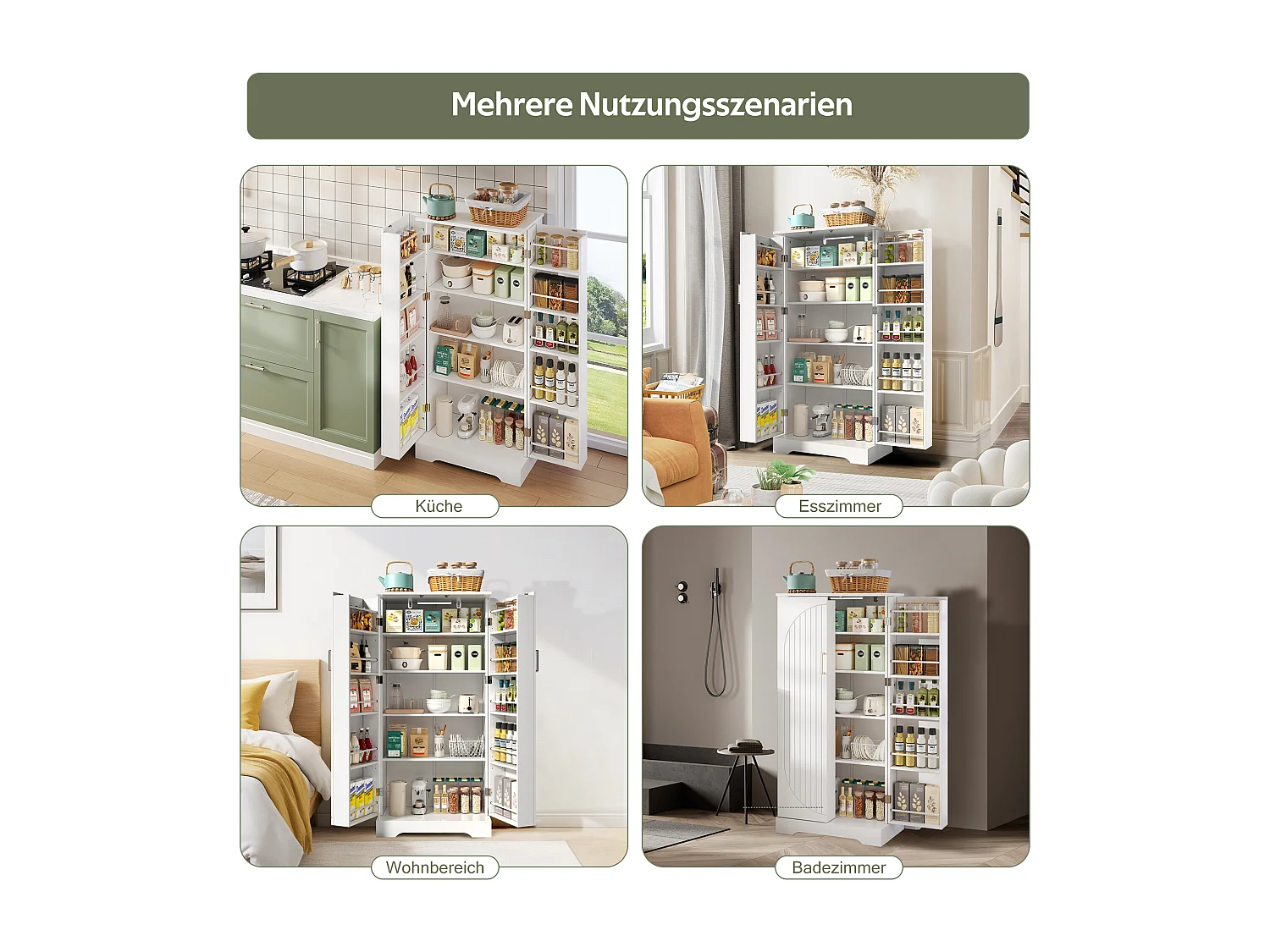 Aparador de cozinha - 60 x 35 x 128 cm - com LEDs + prateleiras reguláveis + 2 portas com arrumação - MDF - branco