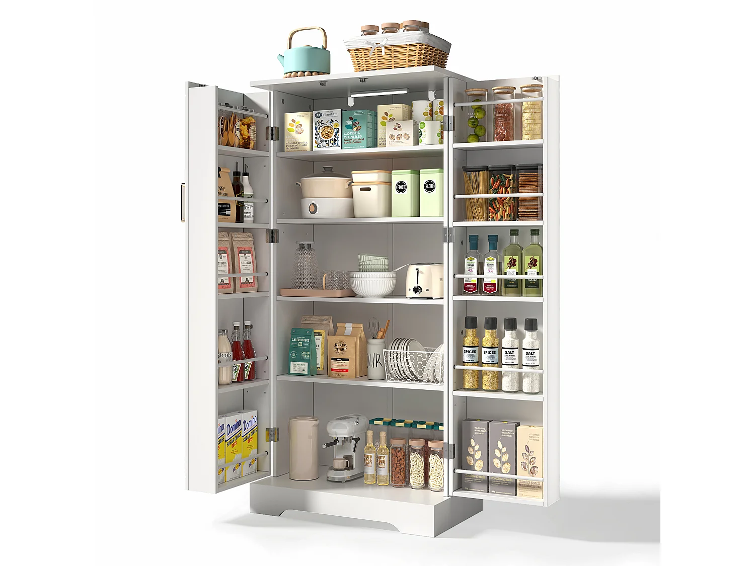 Aparador de cozinha - 60 x 35 x 128 cm - com LEDs + prateleiras reguláveis + 2 portas com arrumação - MDF - branco