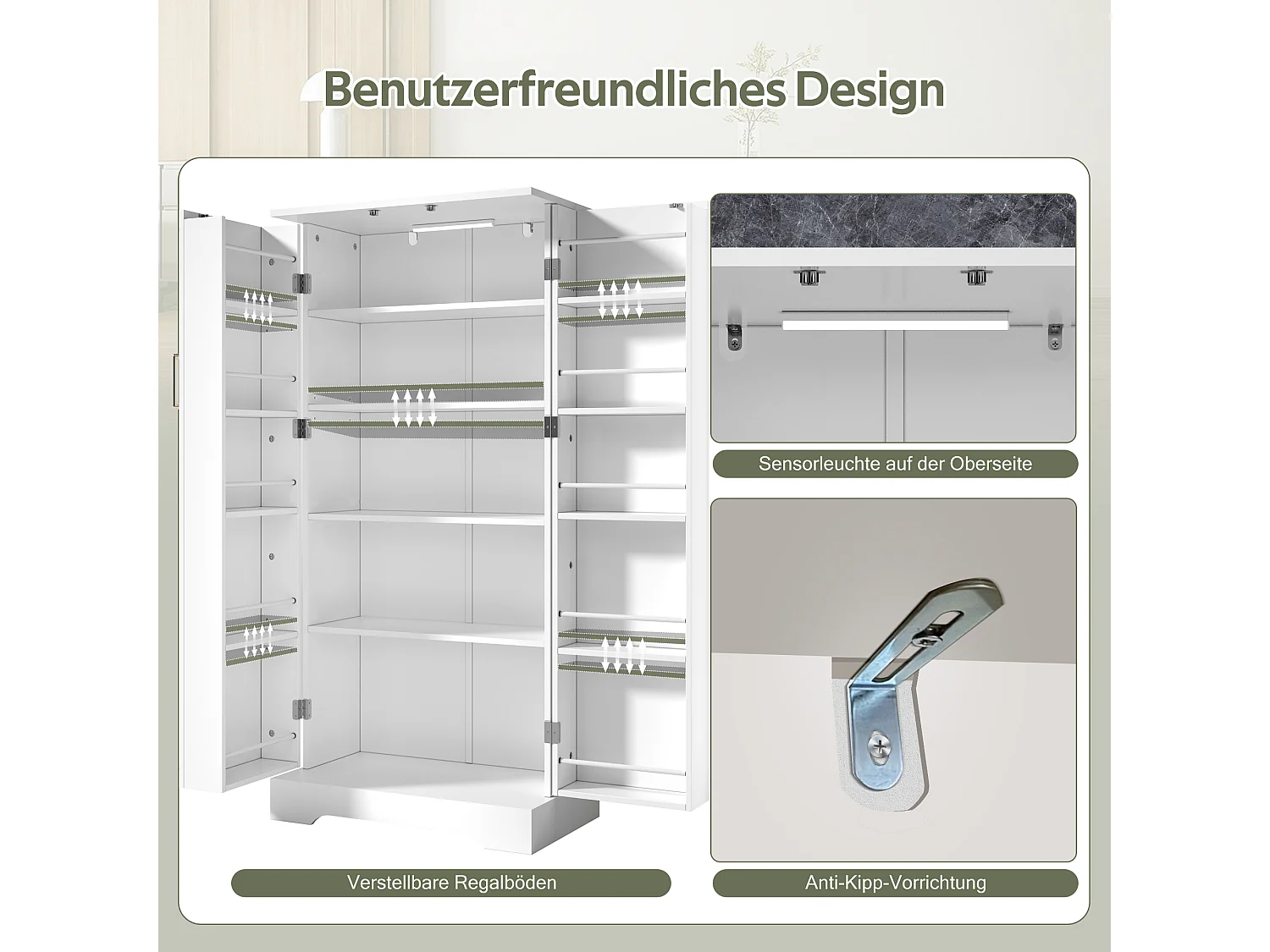 Aparador de cozinha - 60 x 35 x 128 cm - com LEDs + prateleiras reguláveis + 2 portas com arrumação - MDF - branco