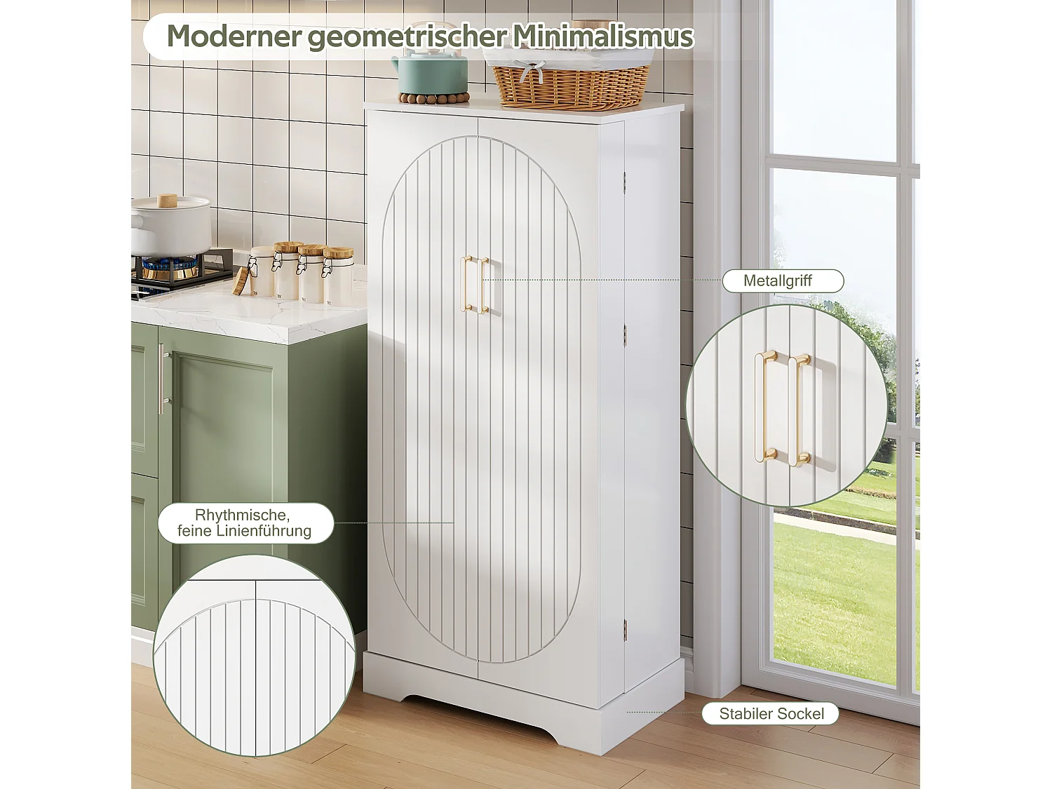 Aparador de cozinha - 60 x 35 x 128 cm - com LEDs + prateleiras reguláveis + 2 portas com arrumação - MDF - branco