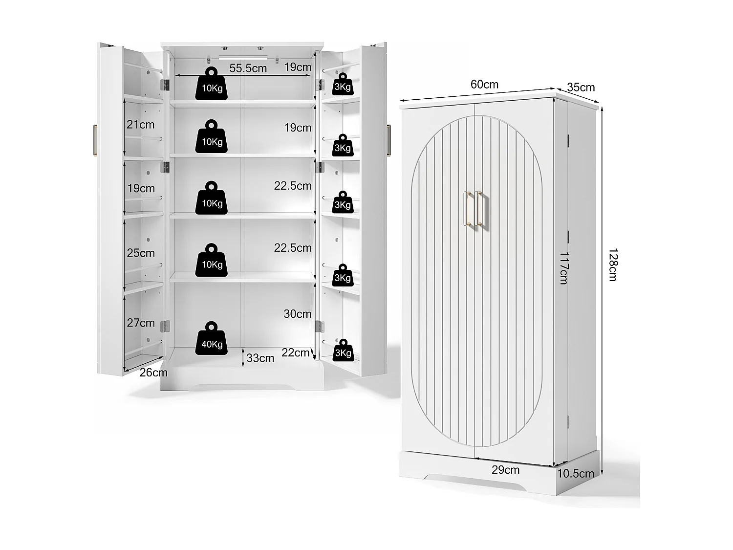 Aparador de cozinha - 60 x 35 x 128 cm - com LEDs + prateleiras reguláveis + 2 portas com arrumação - MDF - branco