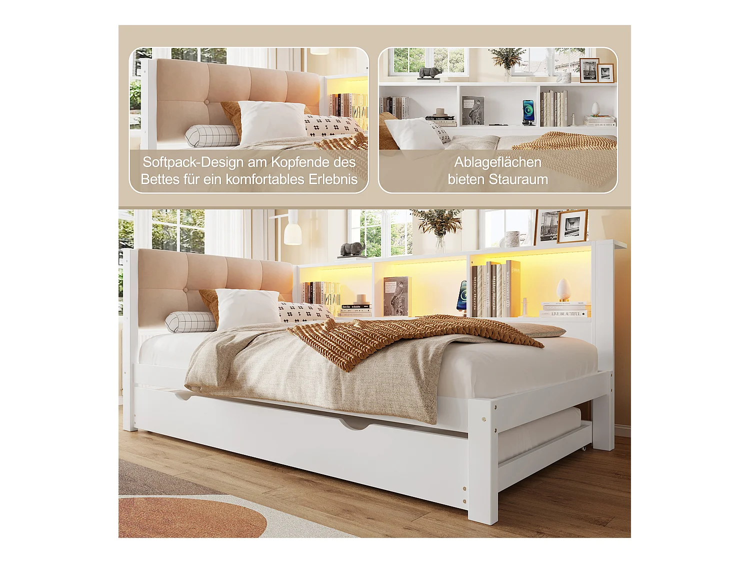 Canapé-lit enfant - 90 x 200 cm - avec lit gigogne 90 x 190 cm - avec Leds + étagère - bois - blanc