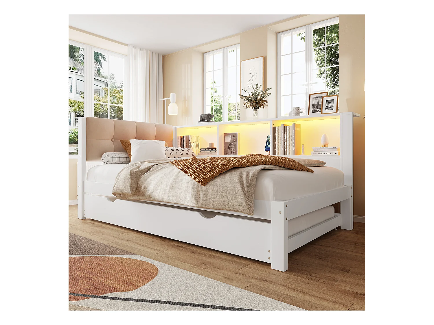 Canapé-lit enfant - 90 x 200 cm - avec lit gigogne 90 x 190 cm - avec Leds + étagère - bois - blanc