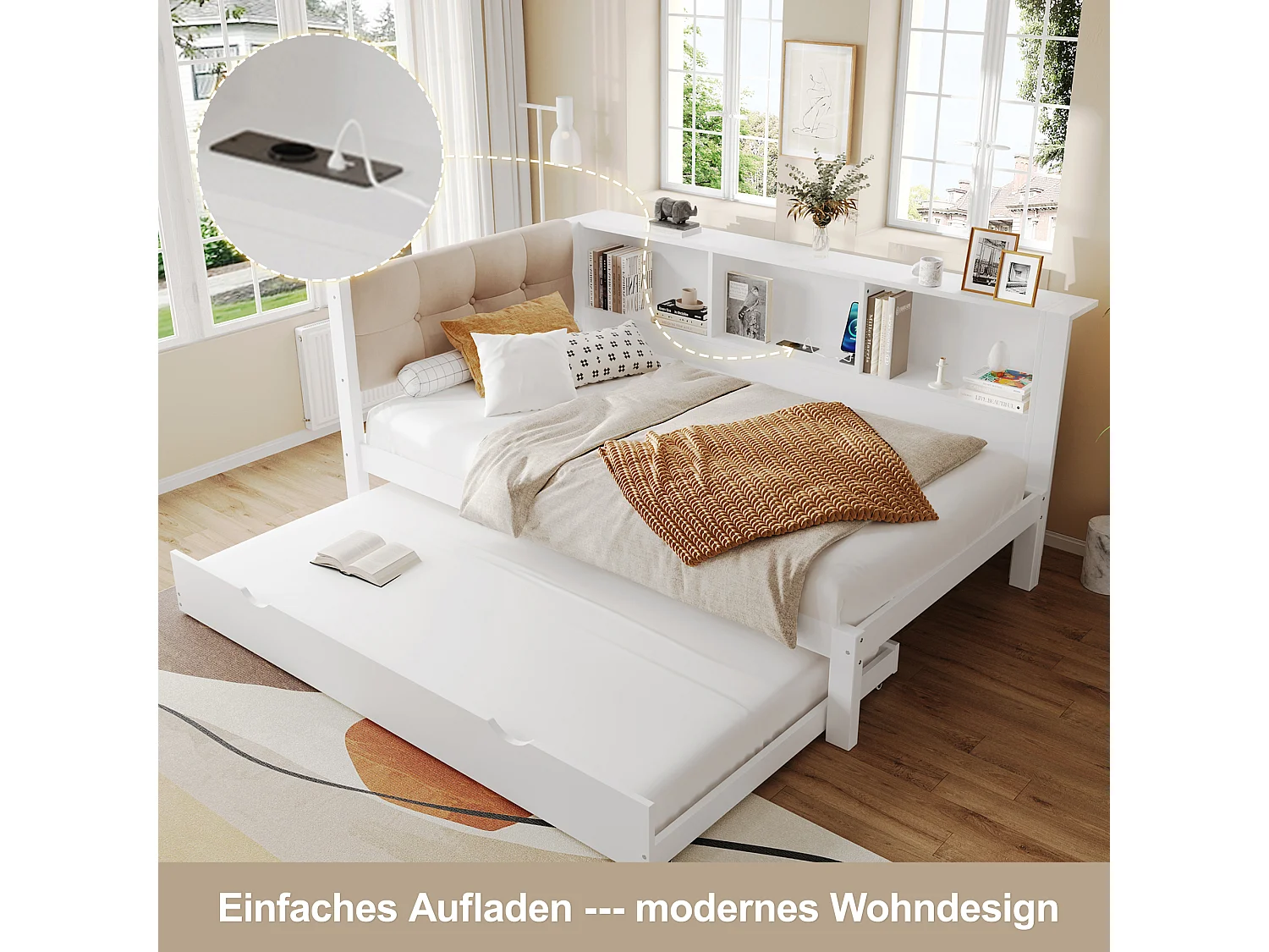 Kinderschlafsofa - 90 x 200 cm - mit Ausziehbett 90 x 190 cm - mit LEDs + Ablage - Holz - weiß