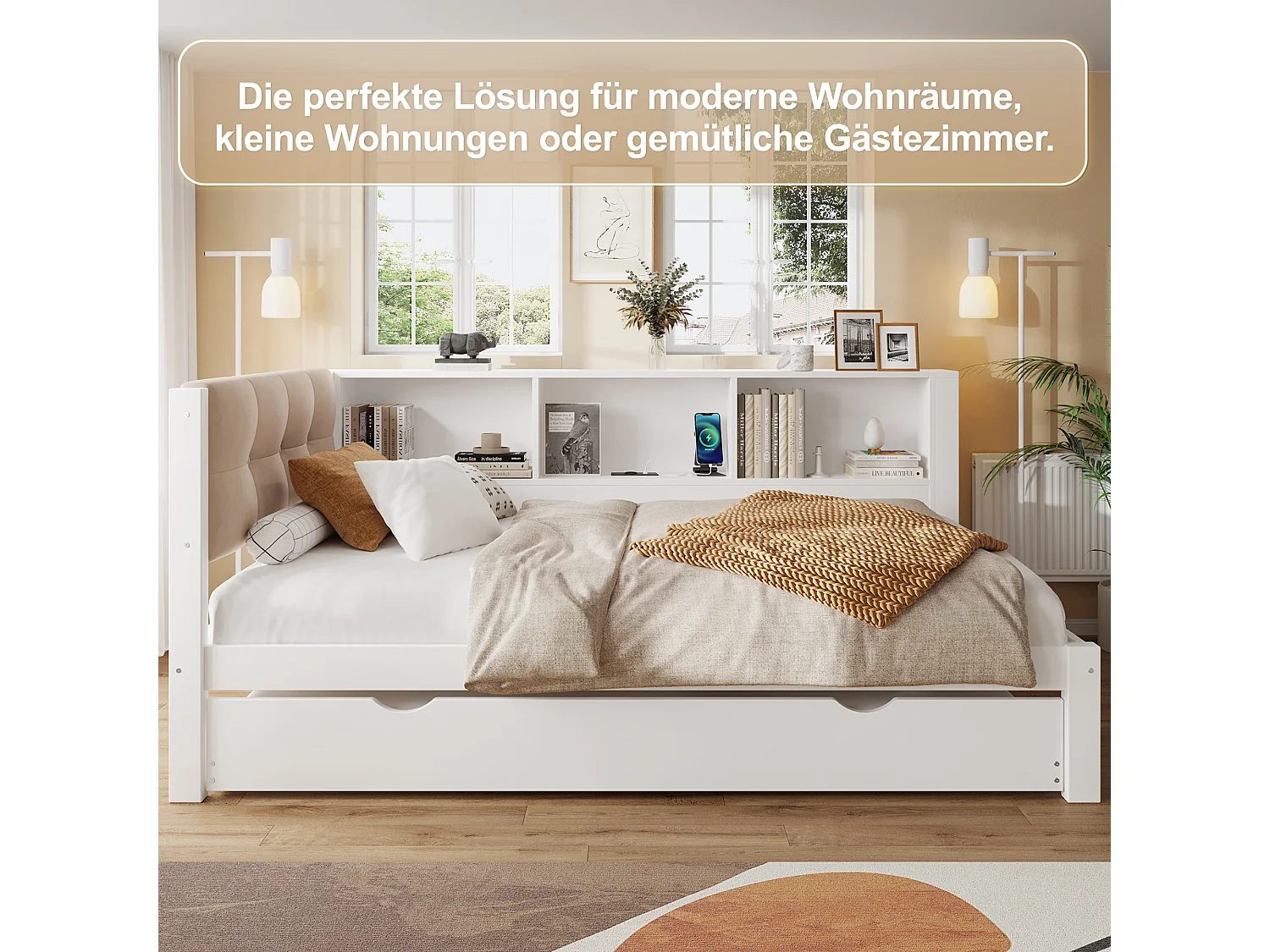 Kinderschlafsofa - 90 x 200 cm - mit Ausziehbett 90 x 190 cm - mit LEDs + Ablage - Holz - weiß