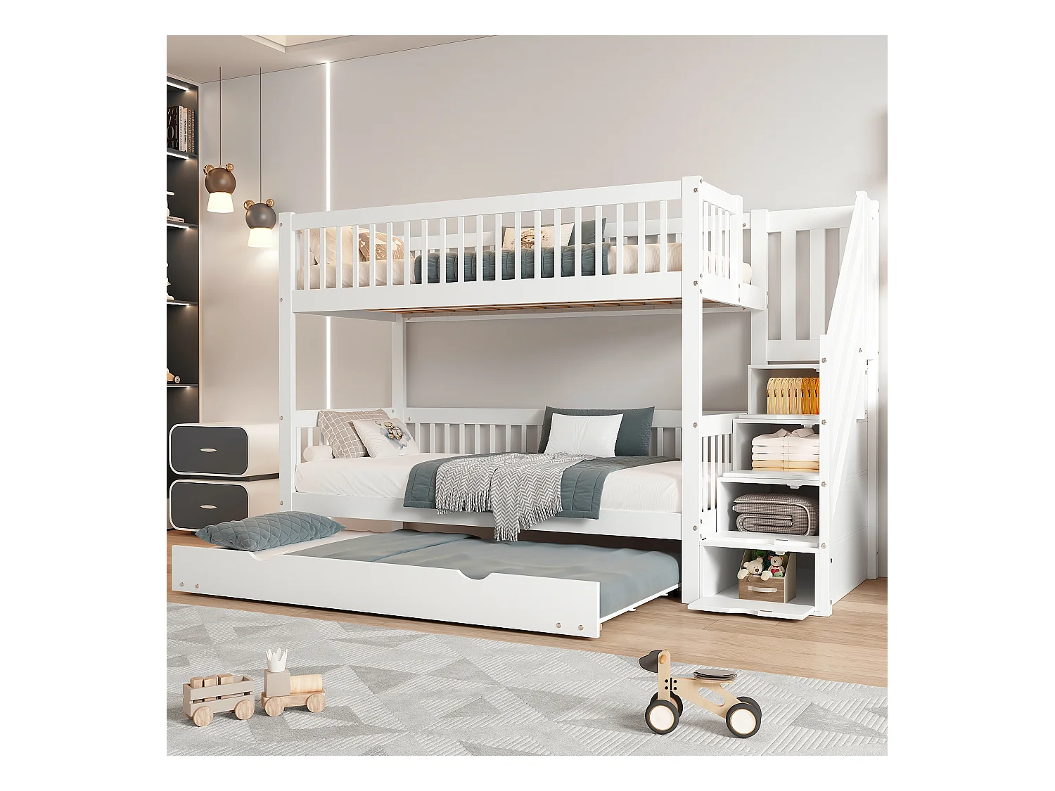 Lit superposés - 2 x 90 x 200 cm - avec lit gigogne 90 x 190 cm - escalier de rangement - MDF - blanc