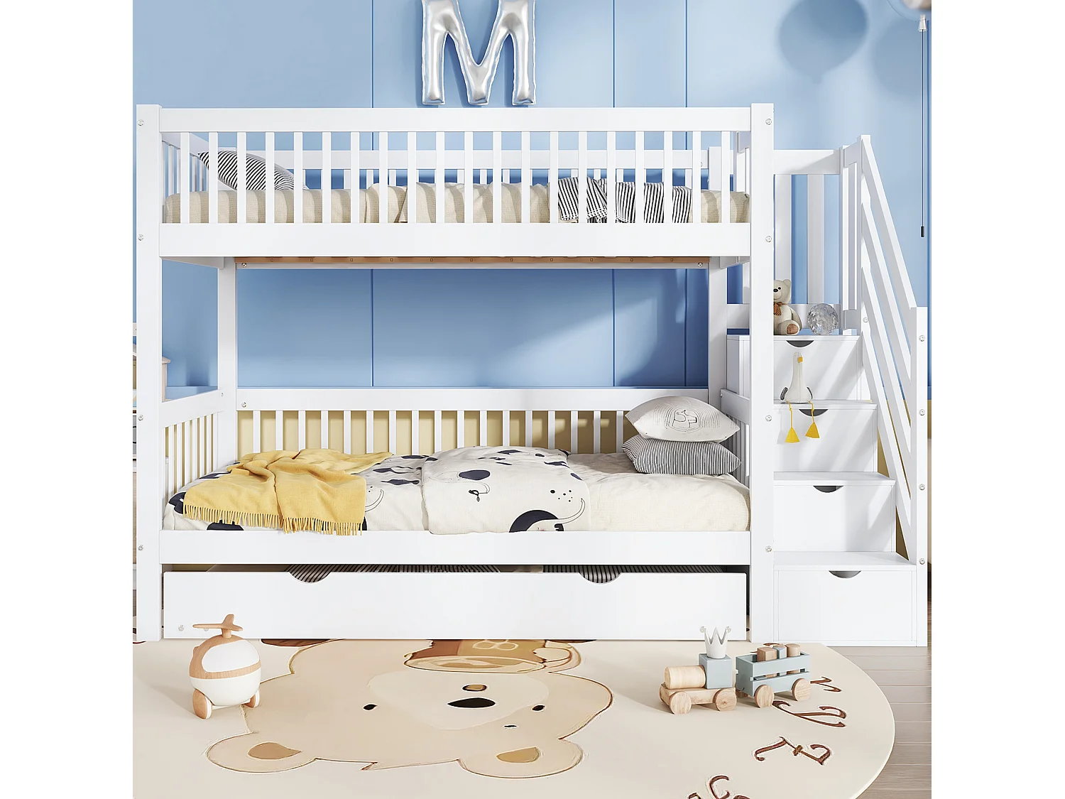 Lit superposés - 2 x 90 x 200 cm - avec lit gigogne 90 x 190 cm - escalier de rangement - MDF - blanc