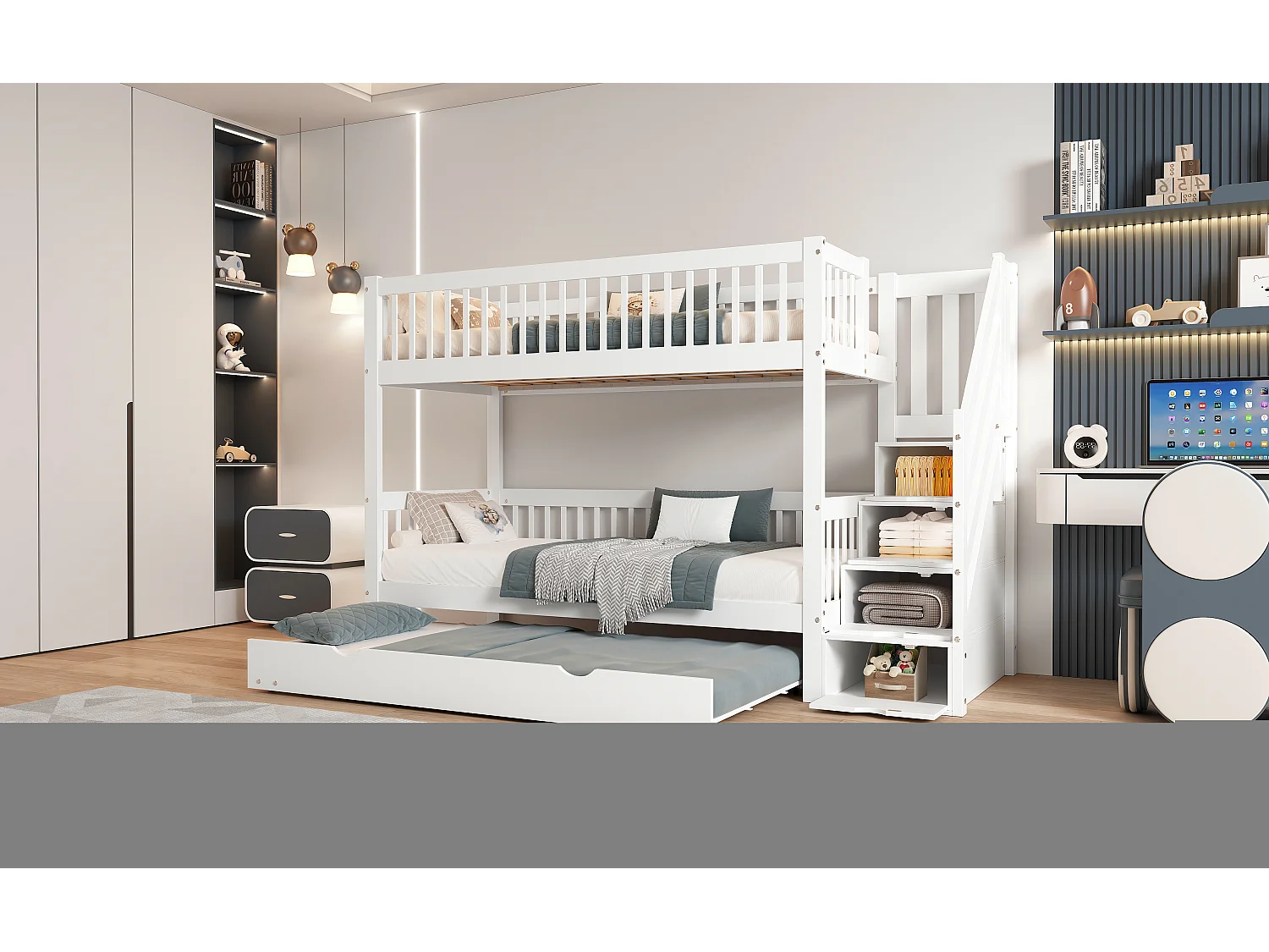 Lit superposés - 2 x 90 x 200 cm - avec lit gigogne 90 x 190 cm - escalier de rangement - MDF - blanc