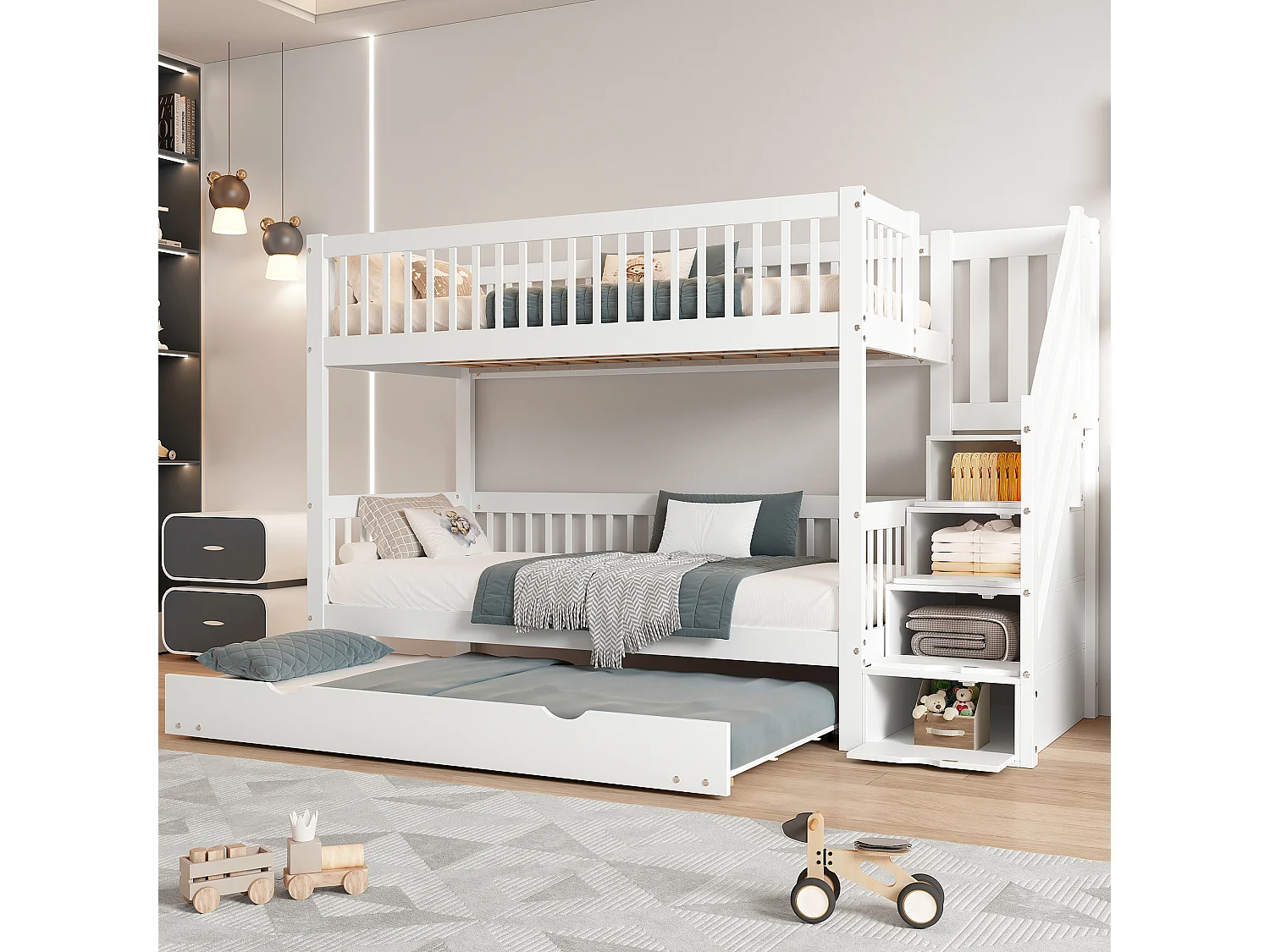 Lit superposés - 2 x 90 x 200 cm - avec lit gigogne 90 x 190 cm - escalier de rangement - MDF - blanc