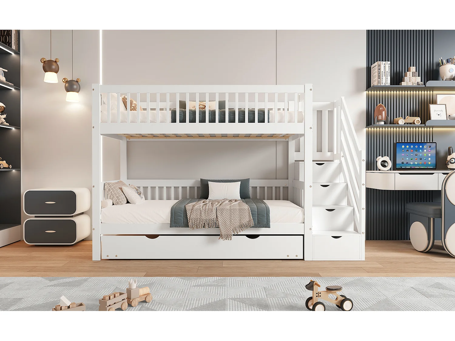 Lit superposés - 2 x 90 x 200 cm - avec lit gigogne 90 x 190 cm - escalier de rangement - MDF - blanc