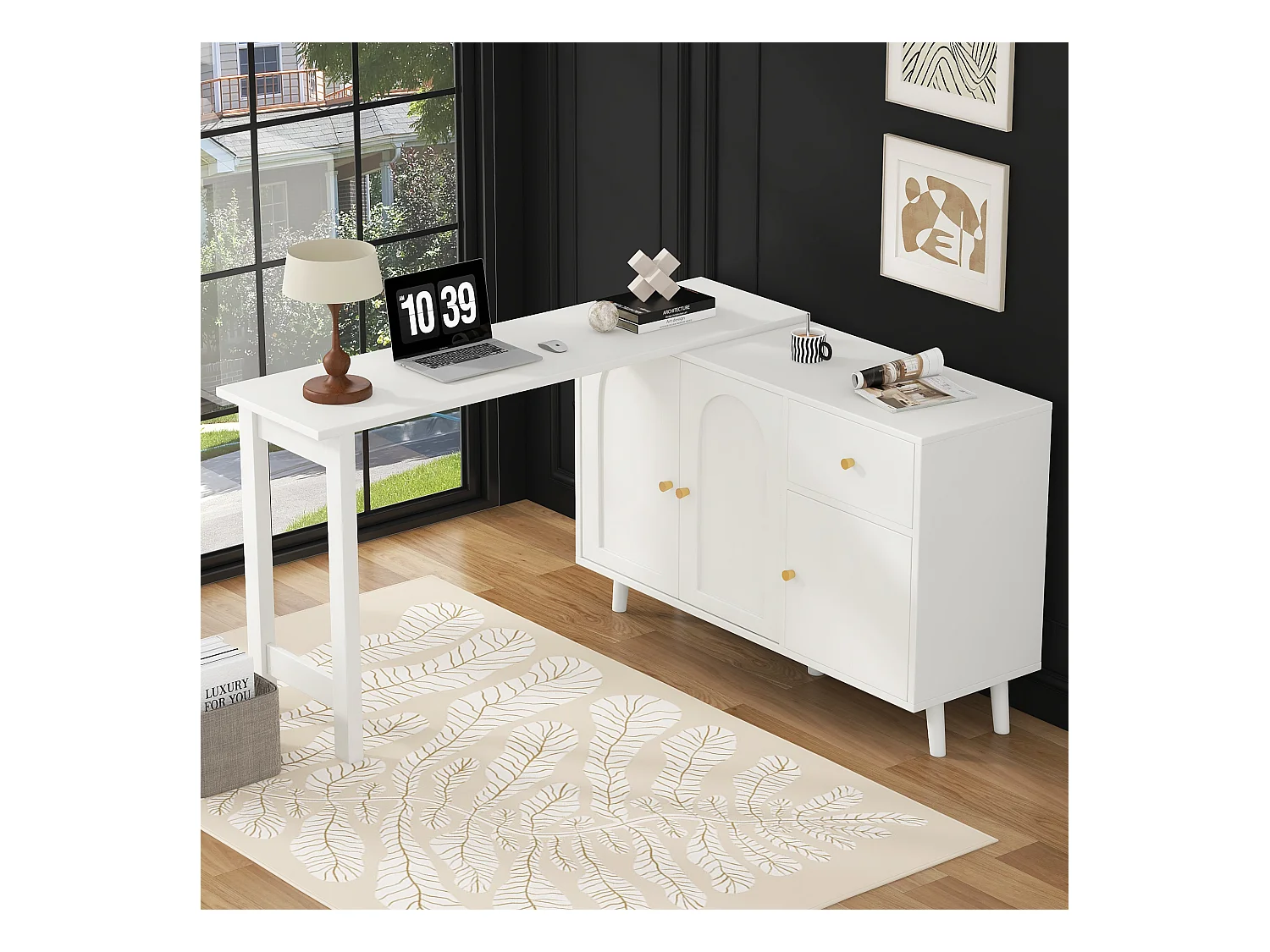 Bureau et buffet 2 en 1 - 120 x 40 x 74.5 cm - rotatif à 360°- avec 3 portes + 1 tiroir - aggloméré - blanc