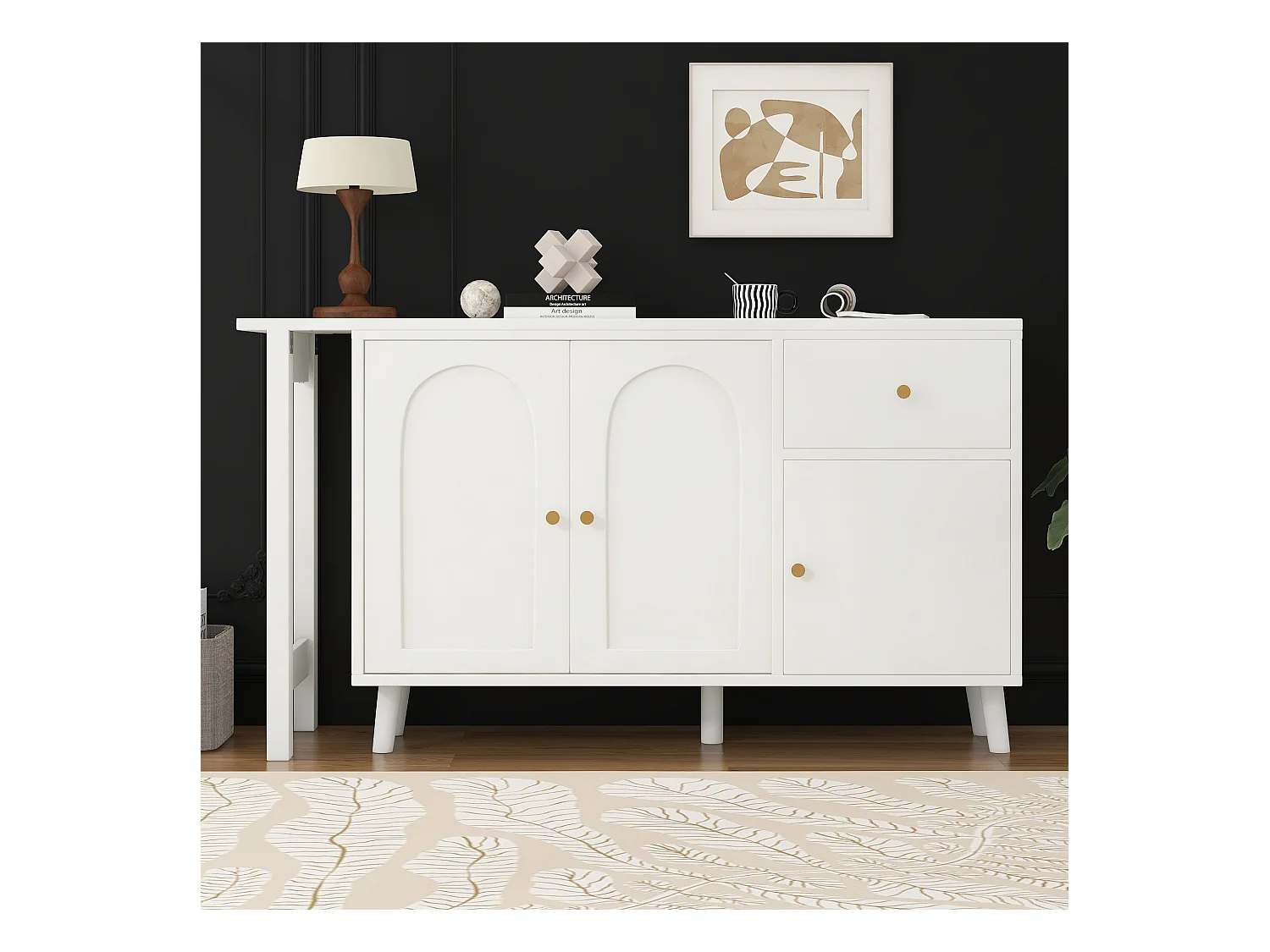 Bureau et buffet 2 en 1 - 120 x 40 x 74.5 cm - rotatif à 360°- avec 3 portes + 1 tiroir - aggloméré - blanc