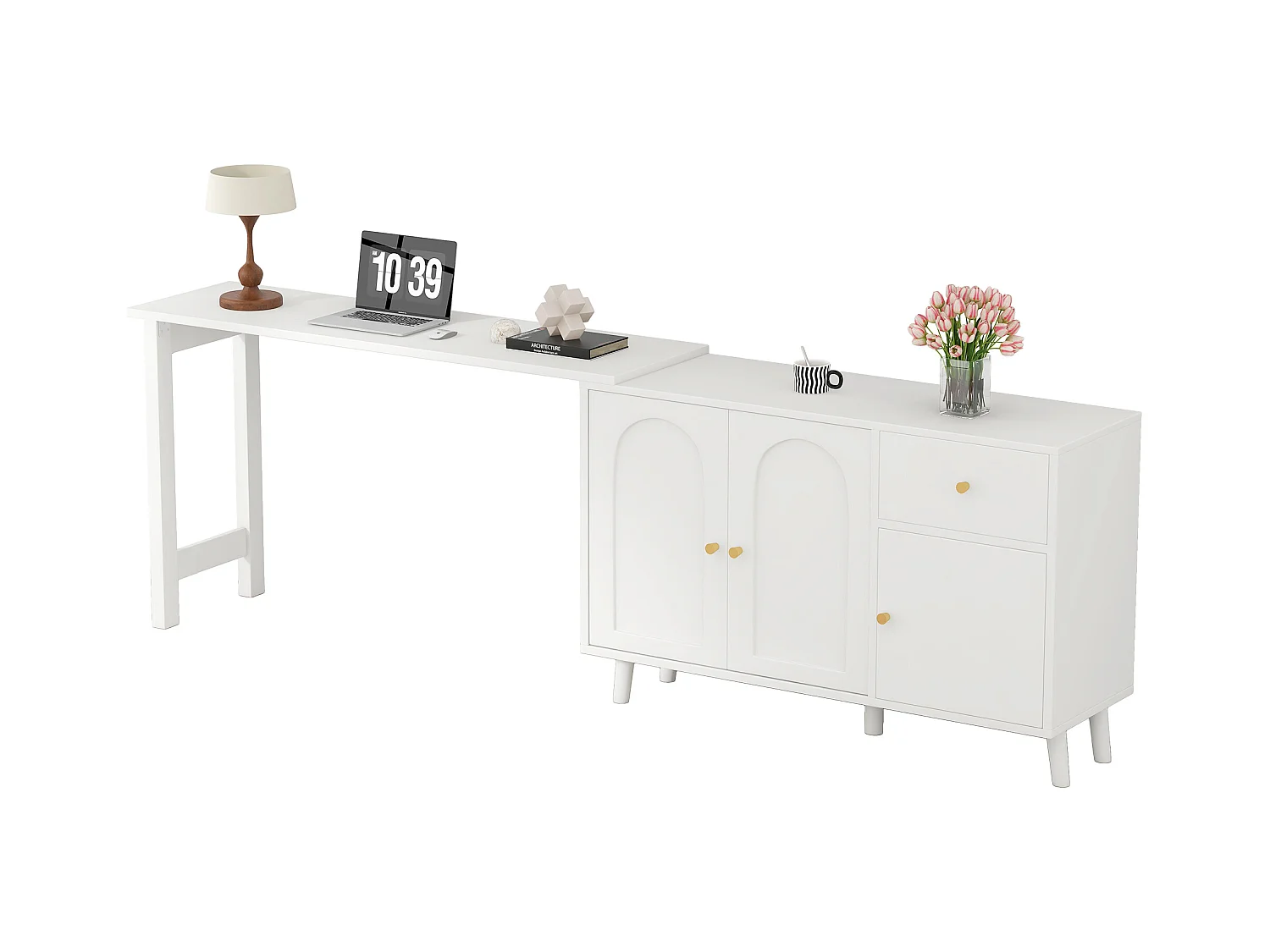 Bureau et buffet 2 en 1 - 120 x 40 x 74.5 cm - rotatif à 360°- avec 3 portes + 1 tiroir - aggloméré - blanc