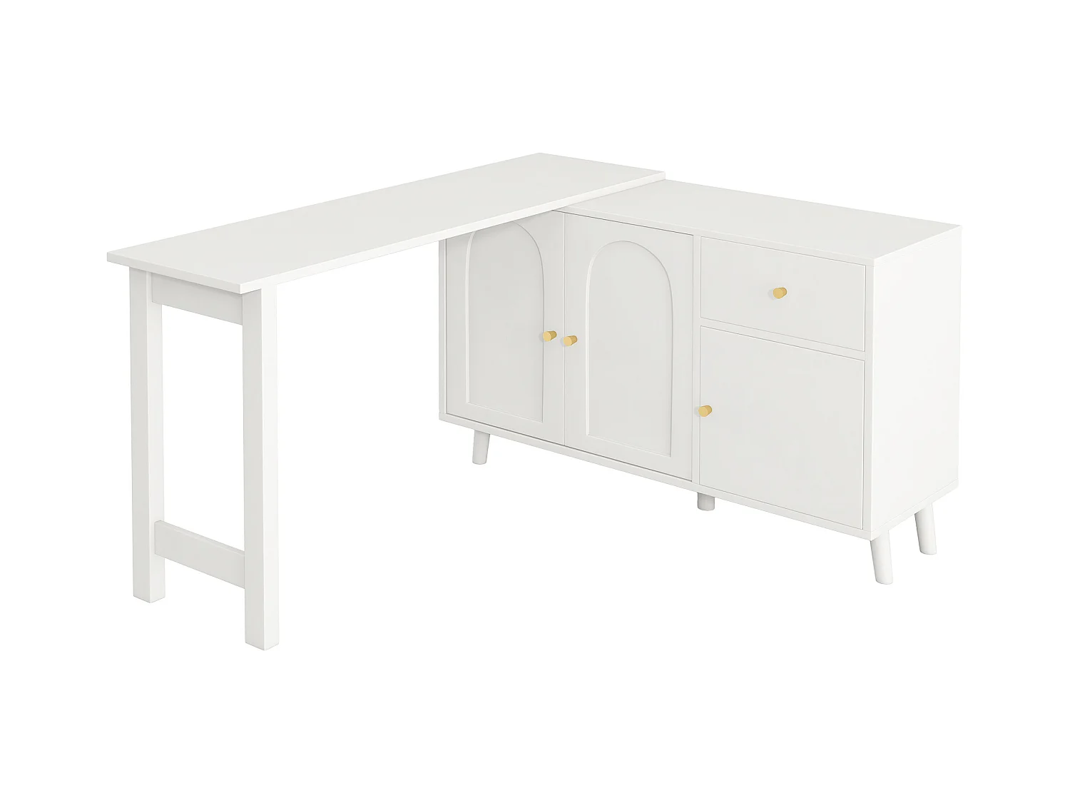 Bureau et buffet 2 en 1 - 120 x 40 x 74.5 cm - rotatif à 360°- avec 3 portes + 1 tiroir - aggloméré - blanc
