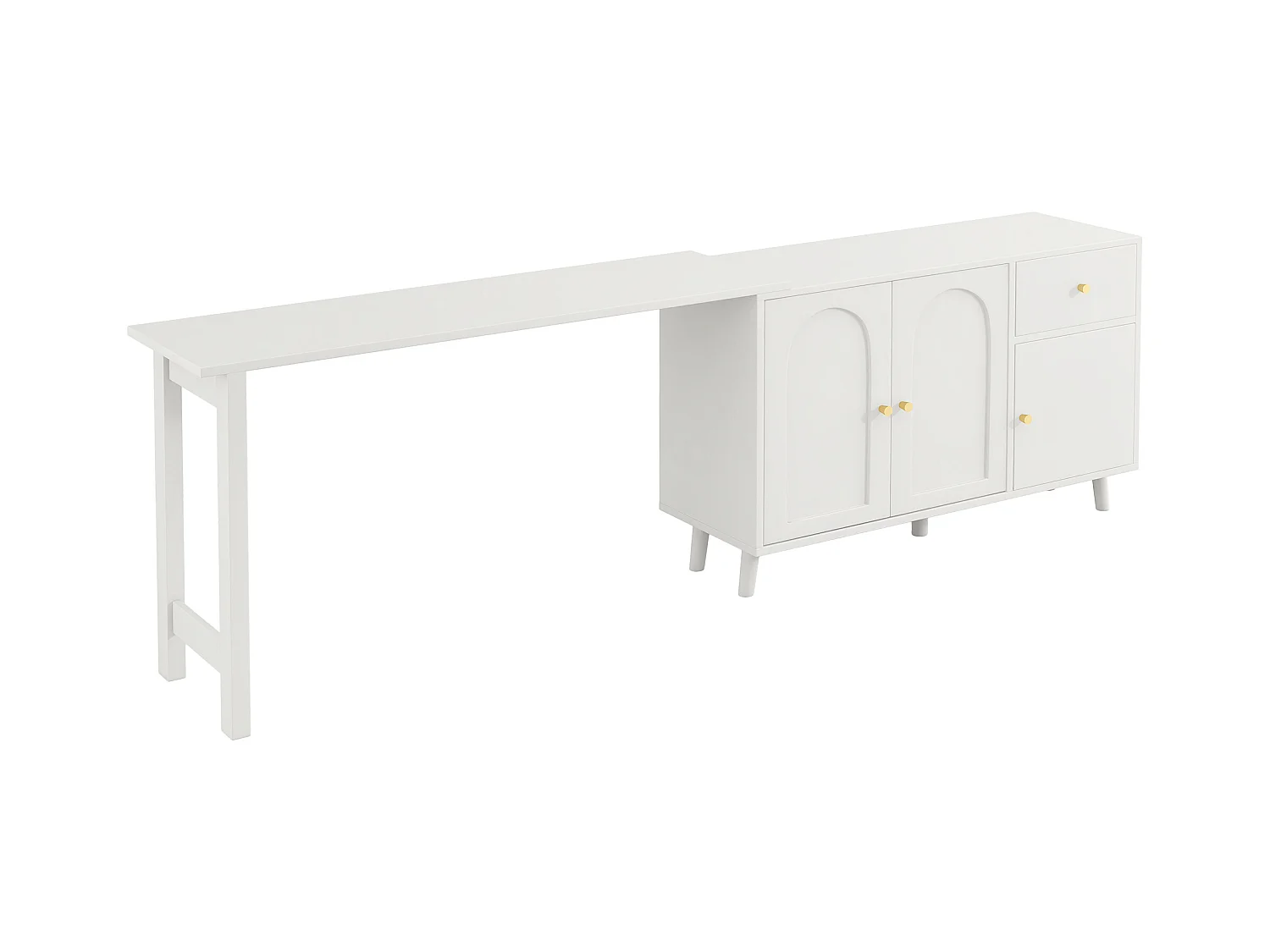 Bureau et buffet 2 en 1 - 120 x 40 x 74.5 cm - rotatif à 360°- avec 3 portes + 1 tiroir - aggloméré - blanc