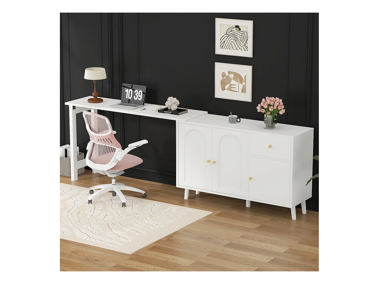 2-in-1 Schreibtisch und Sideboard - 120 x 40 x 74,5 cm - 360° drehbar - mit 3 Türen + 1 Schublade - Spanplatte - Weiß