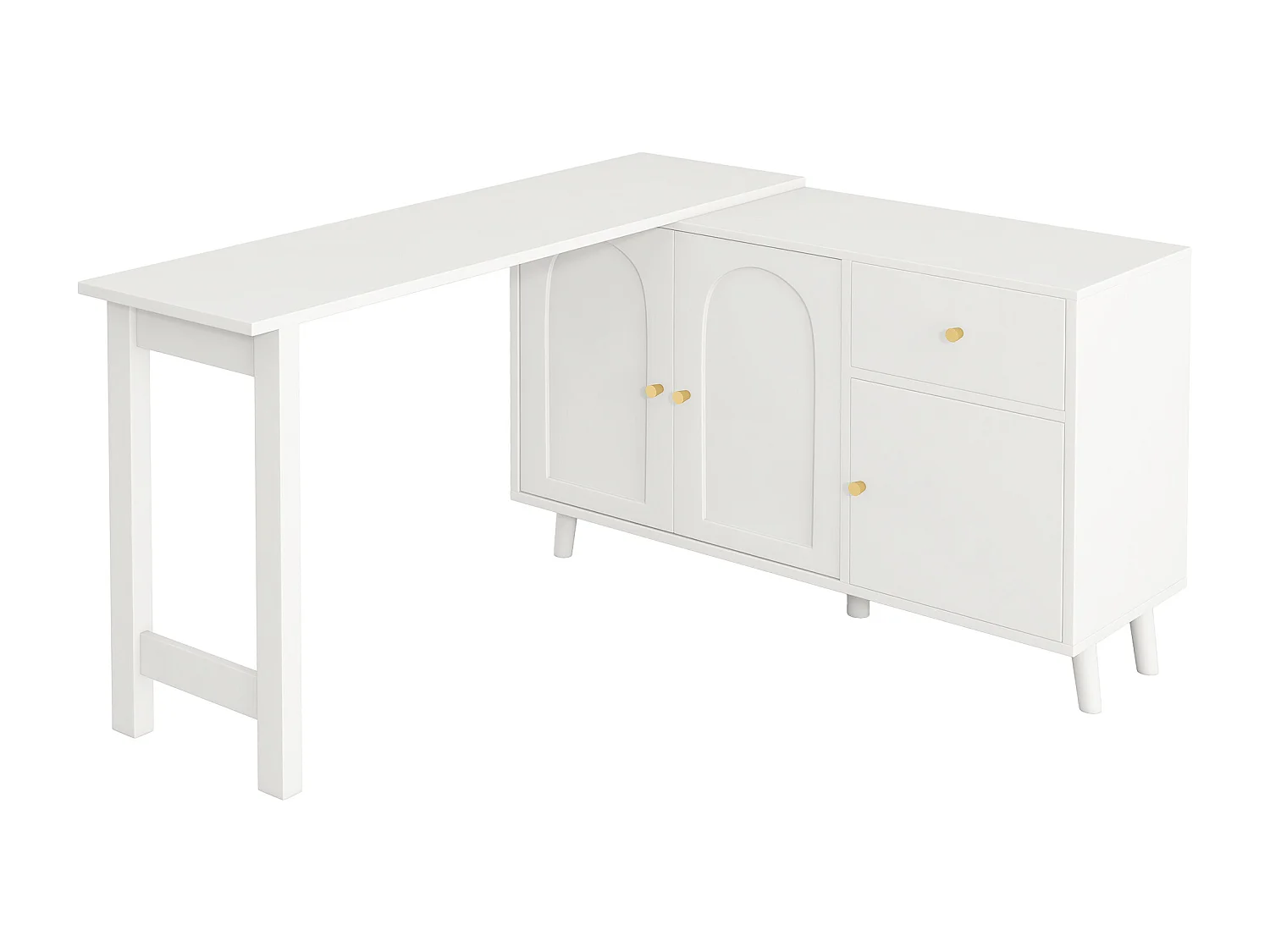 Bureau et buffet 2 en 1 - 120 x 40 x 74.5 cm - rotatif à 360°- avec 3 portes + 1 tiroir - aggloméré - blanc