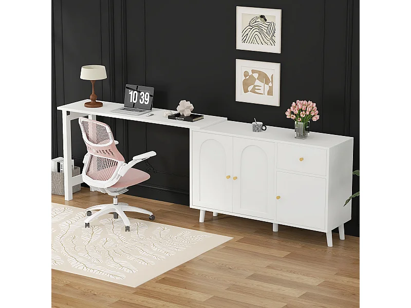 2-in-1 bureau en dressoir - 120 x 40 x 74,5 cm - 360° draaibaar - met 3 deuren + 1 lade - spaanplaat - wit