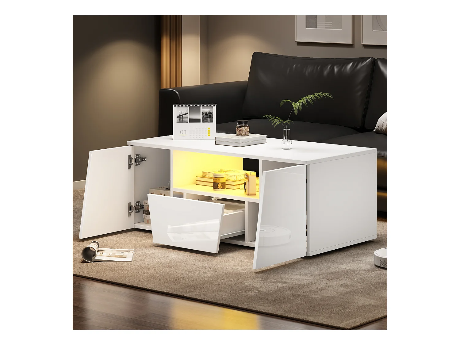 Table basse brillante - 100 x 50 x 40 cm - avec Leds + 2 portes + 1 tiroir - aggloméré - blanc