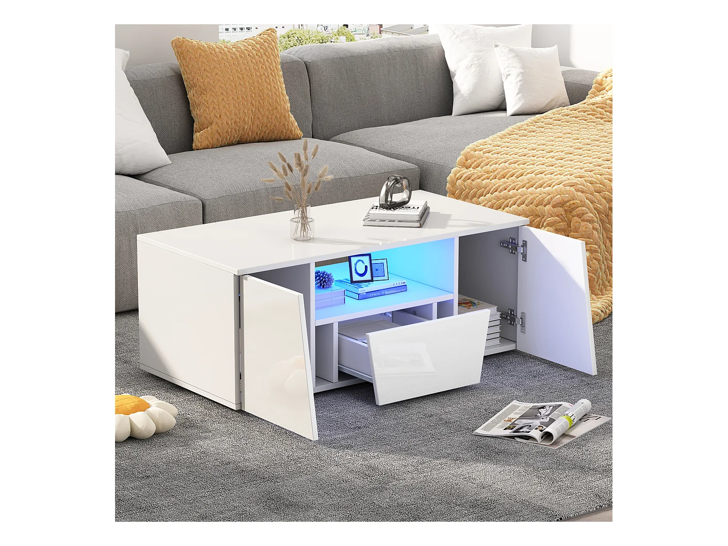 Table basse brillante - 100 x 50 x 40 cm - avec Leds + 2 portes + 1 tiroir - aggloméré - blanc