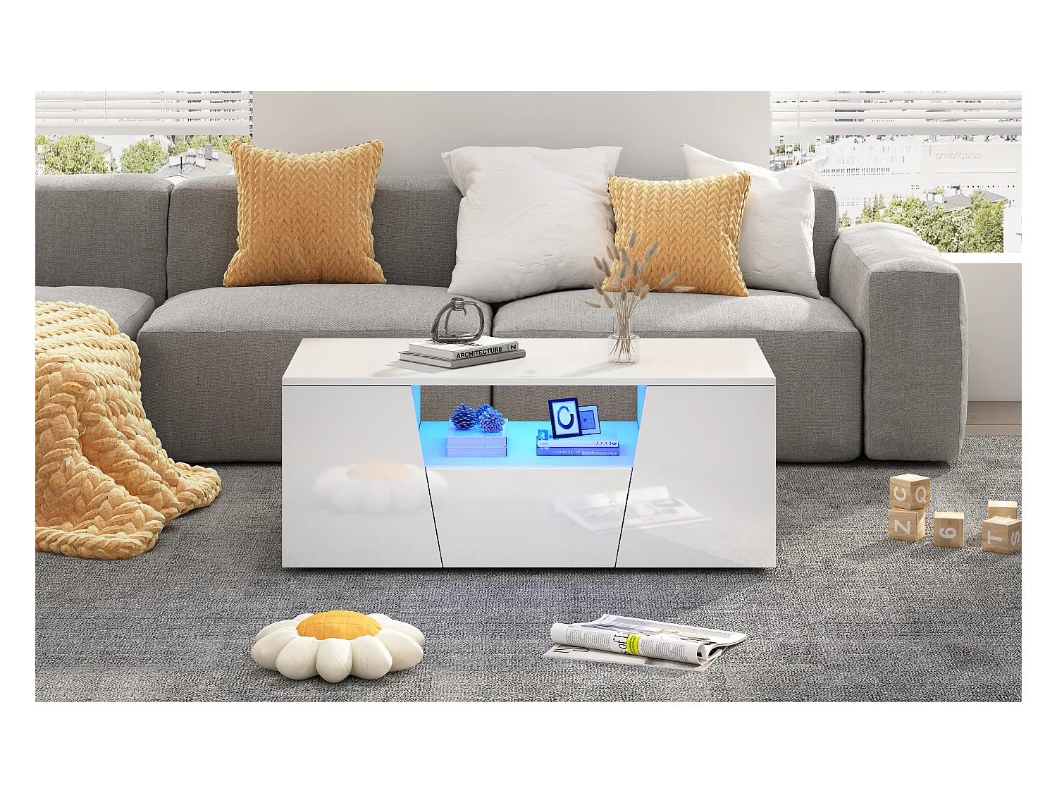 Table basse brillante - 100 x 50 x 40 cm - avec Leds + 2 portes + 1 tiroir - aggloméré - blanc