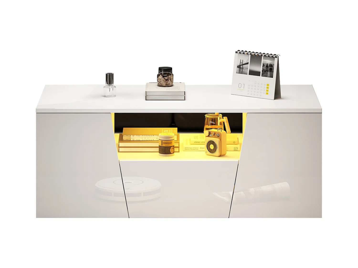 Table basse brillante - 100 x 50 x 40 cm - avec Leds + 2 portes + 1 tiroir - aggloméré - blanc