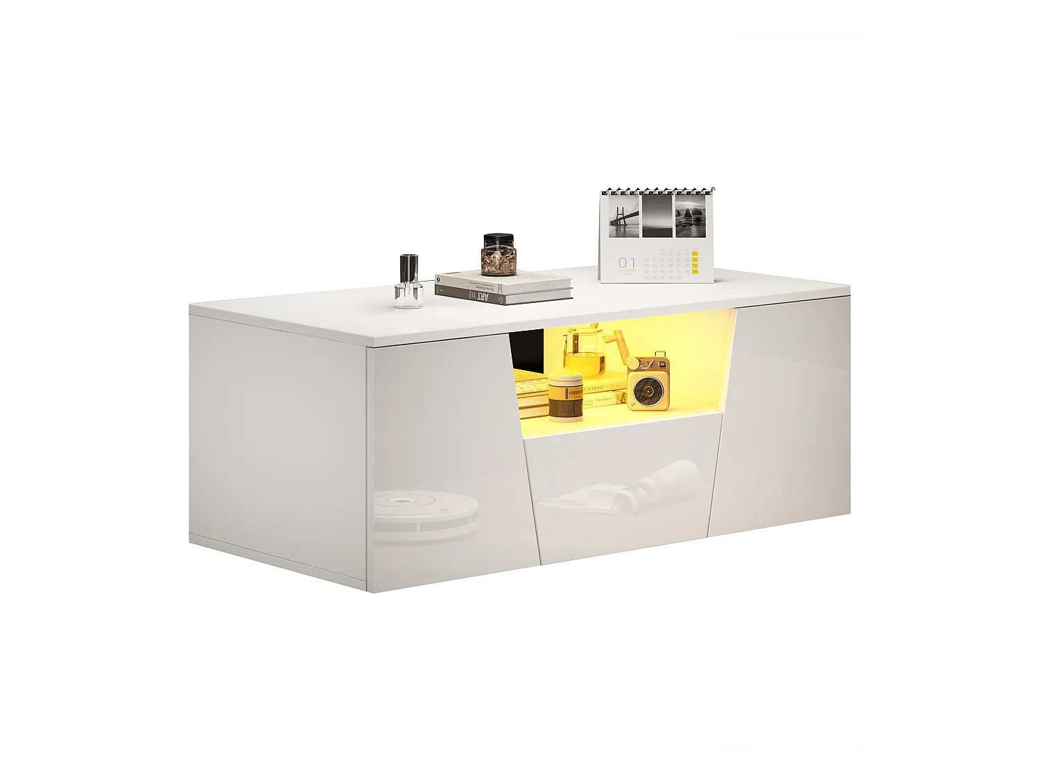 Table basse brillante - 100 x 50 x 40 cm - avec Leds + 2 portes + 1 tiroir - aggloméré - blanc