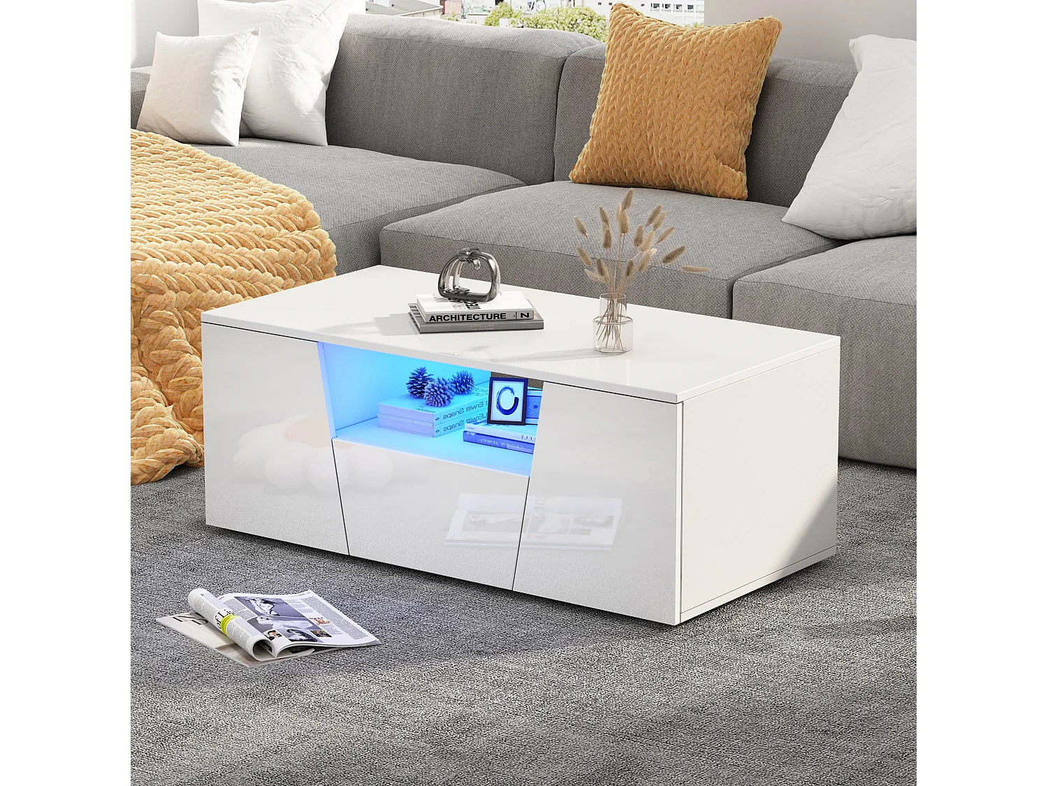 Table basse brillante - 100 x 50 x 40 cm - avec Leds + 2 portes + 1 tiroir - aggloméré - blanc