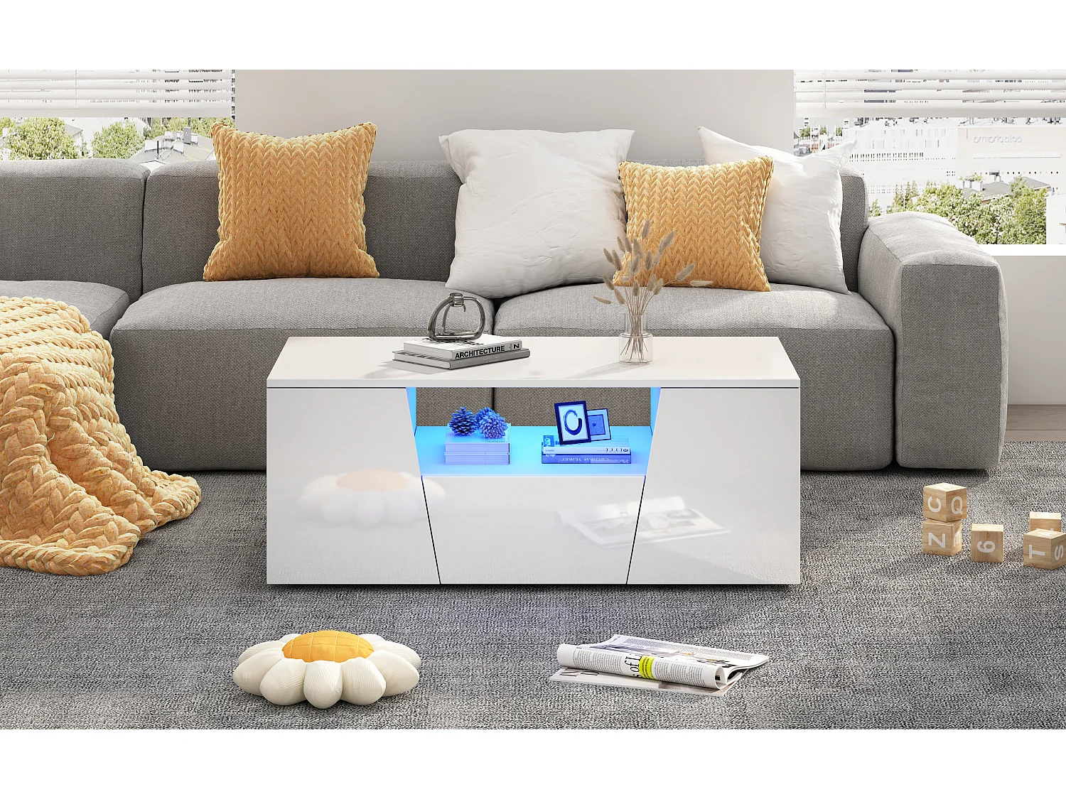 Table basse brillante - 100 x 50 x 40 cm - avec Leds + 2 portes + 1 tiroir - aggloméré - blanc