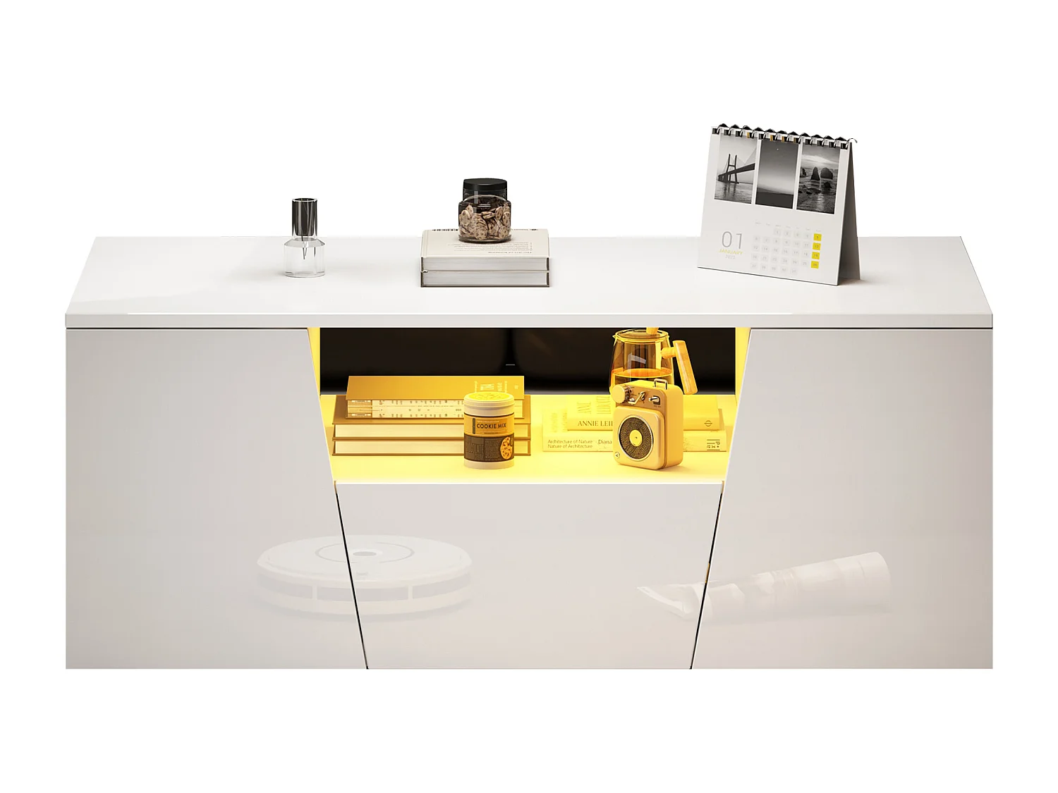 Table basse brillante - 100 x 50 x 40 cm - avec Leds + 2 portes + 1 tiroir - aggloméré - blanc