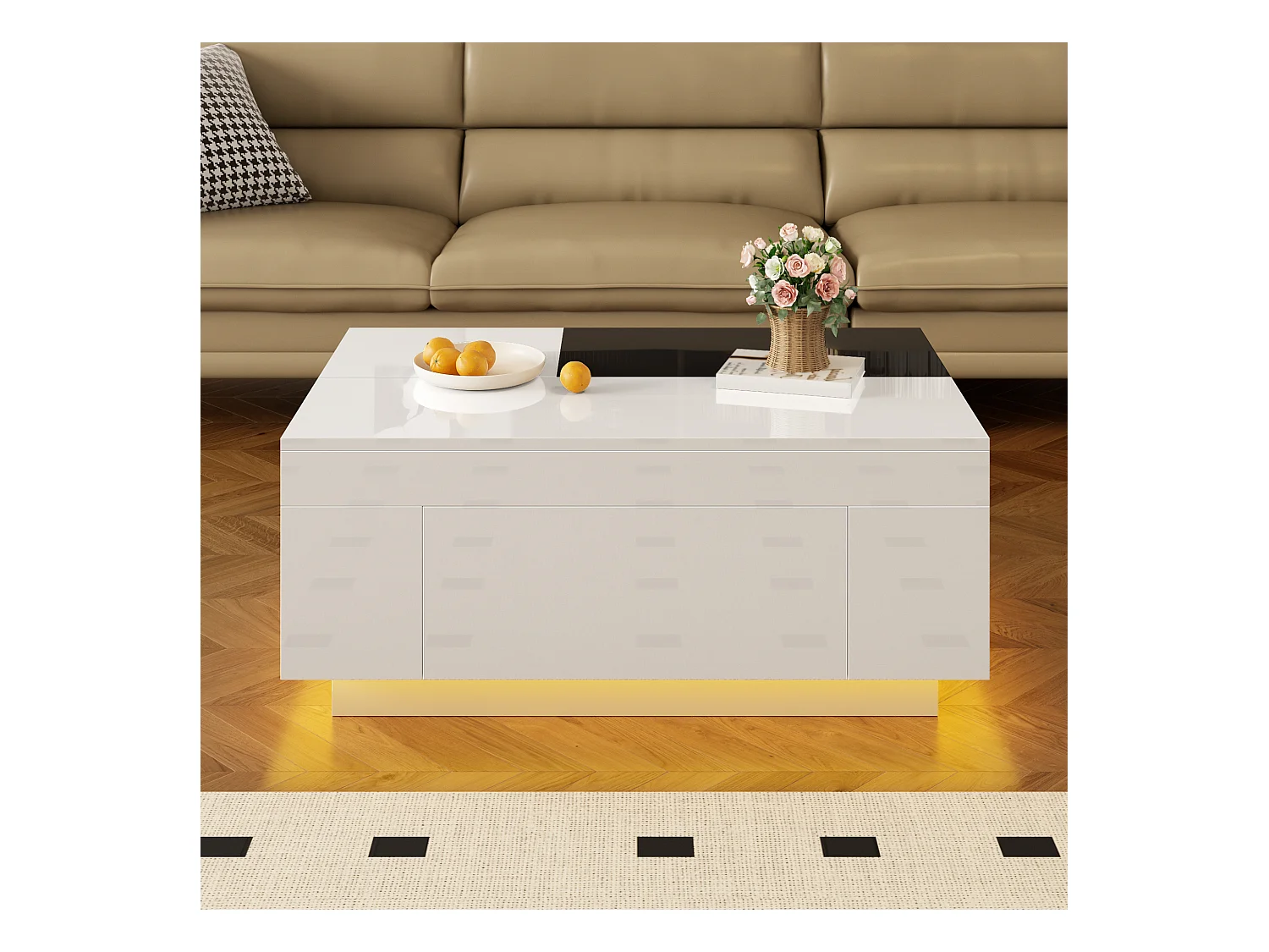 Table basse brillante - 80 x 50 x 35.5 cm - plateau extensible + 1 tiroir + Leds - MDF - blanc