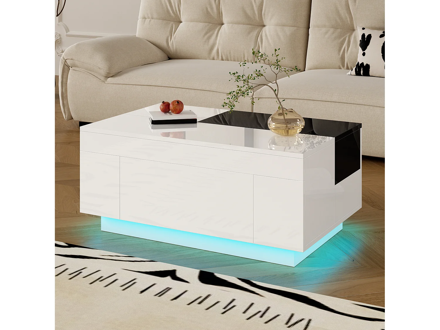 Table basse brillante - 80 x 50 x 35.5 cm - plateau extensible + 1 tiroir + Leds - MDF - blanc
