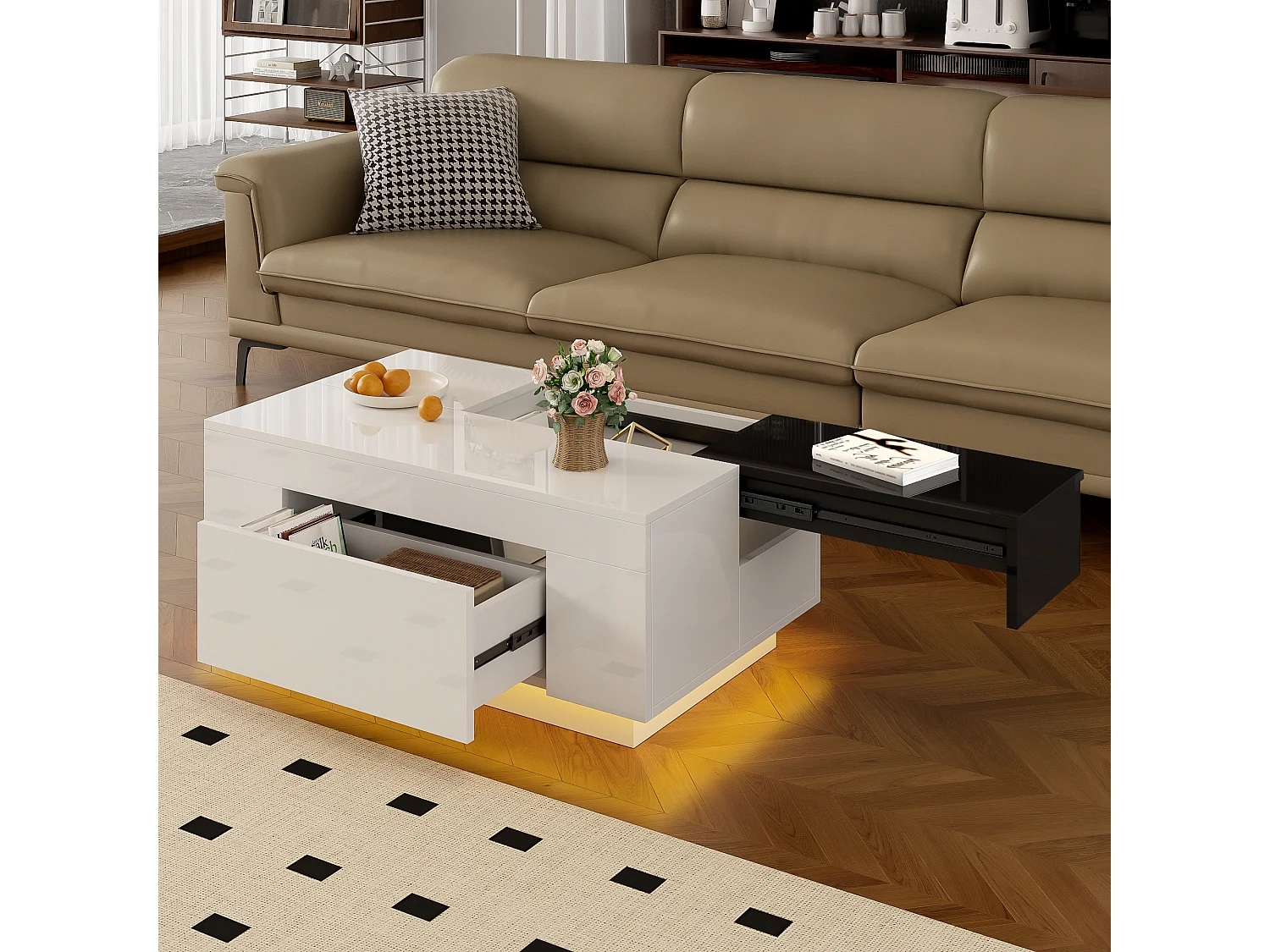 Tavolino da caffè lucido - 80 x 50 x 35,5 cm - piano estensibile + 1 cassetto + LED - MDF - bianco