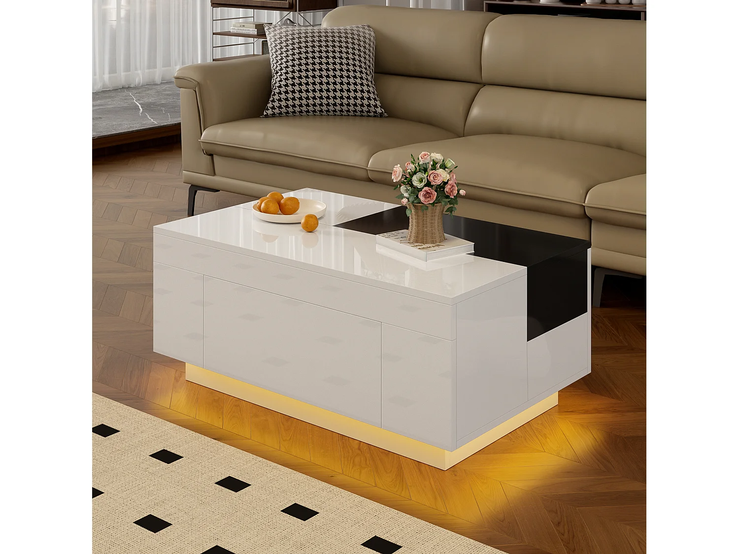 Tavolino da caffè lucido - 80 x 50 x 35,5 cm - piano estensibile + 1 cassetto + LED - MDF - bianco