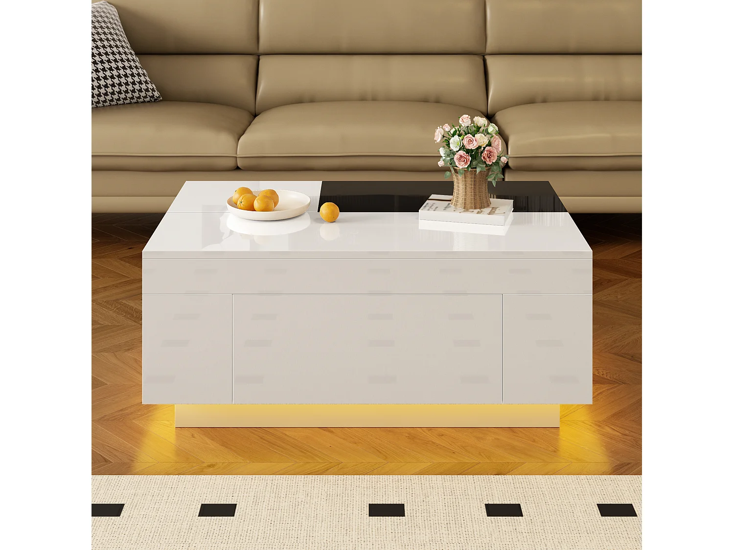 Tavolino da caffè lucido - 80 x 50 x 35,5 cm - piano estensibile + 1 cassetto + LED - MDF - bianco