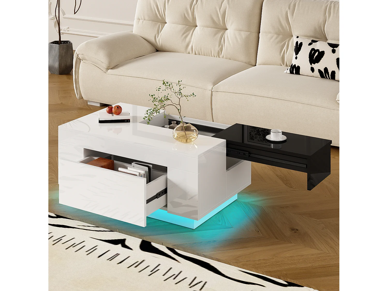 Tavolino da caffè lucido - 80 x 50 x 35,5 cm - piano estensibile + 1 cassetto + LED - MDF - bianco