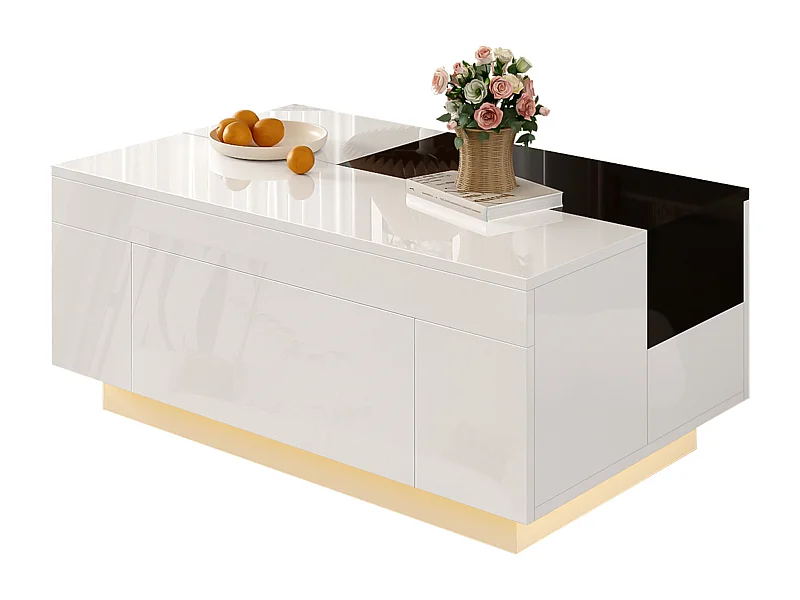 Glanzende salontafel - 80 x 50 x 35,5 cm - uitschuifbaar blad + 1 lade + LED's - MDF - wit