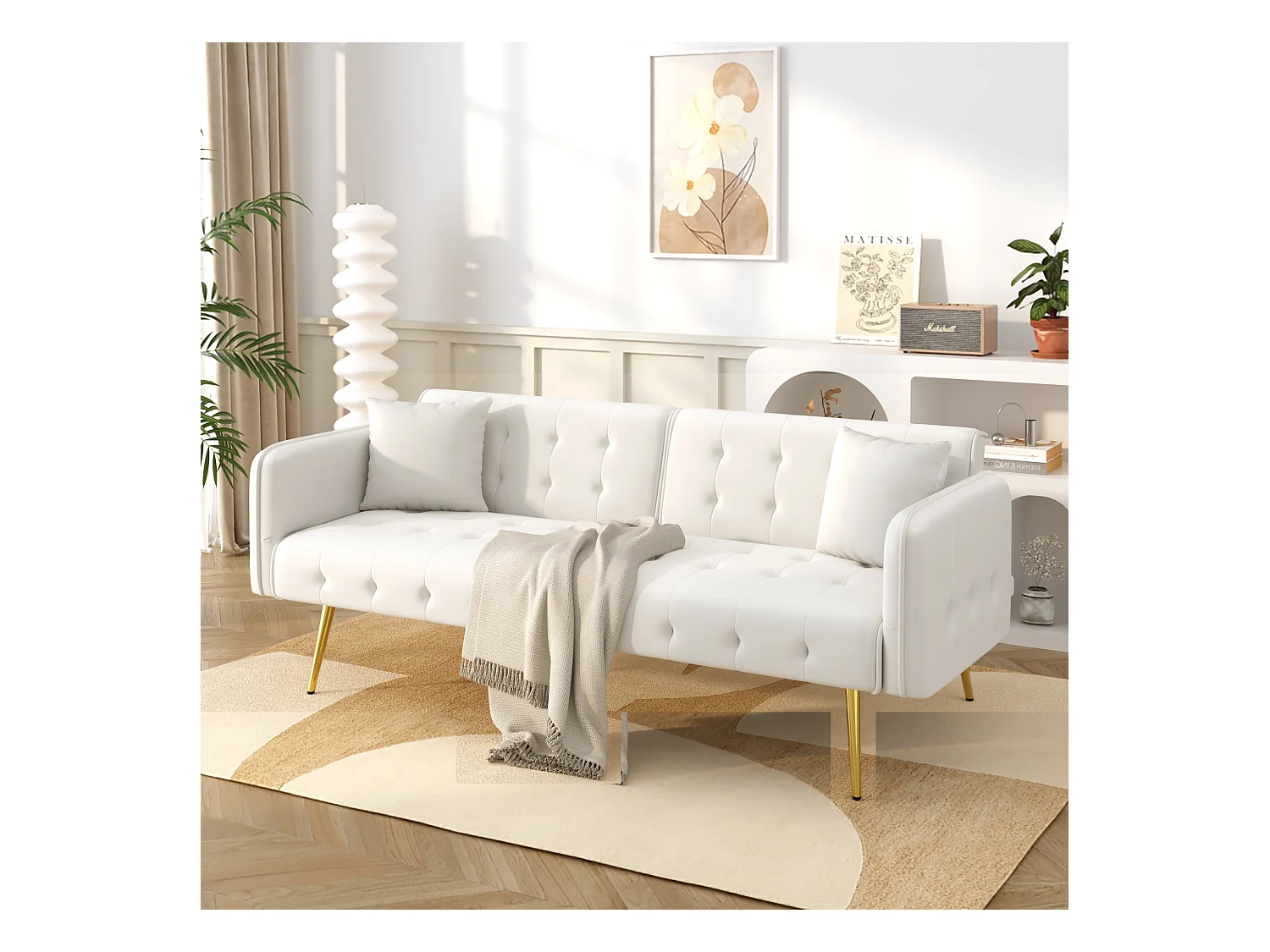 Divano letto 2 posti - 178 x 82 x 70 cm - con schienale e braccioli regolabili - velluto - bianco
