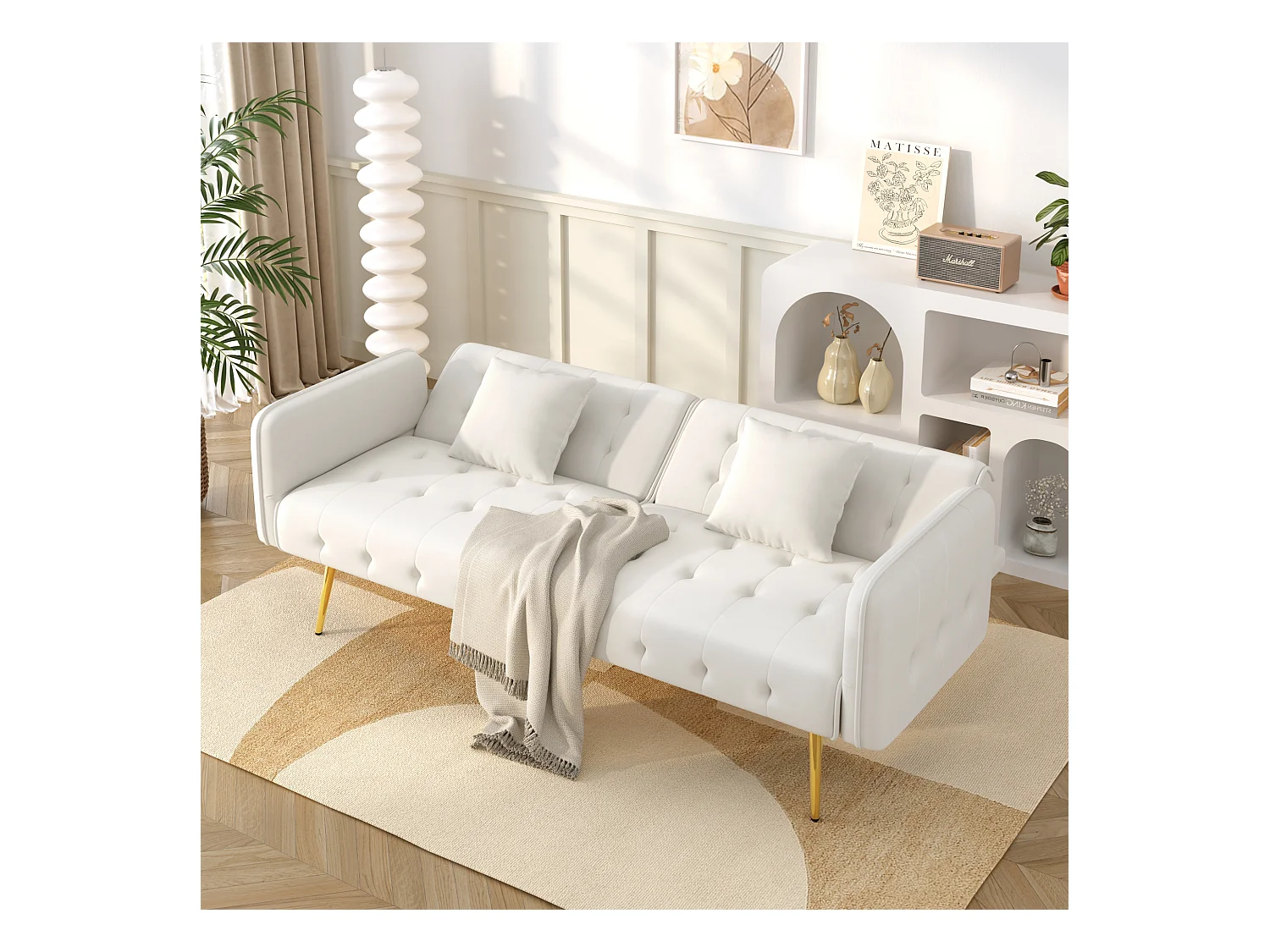 Divano letto 2 posti - 178 x 82 x 70 cm - con schienale e braccioli regolabili - velluto - bianco
