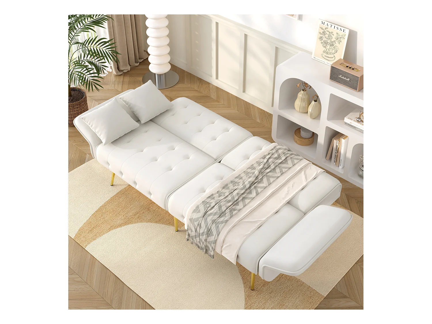 Divano letto 2 posti - 178 x 82 x 70 cm - con schienale e braccioli regolabili - velluto - bianco