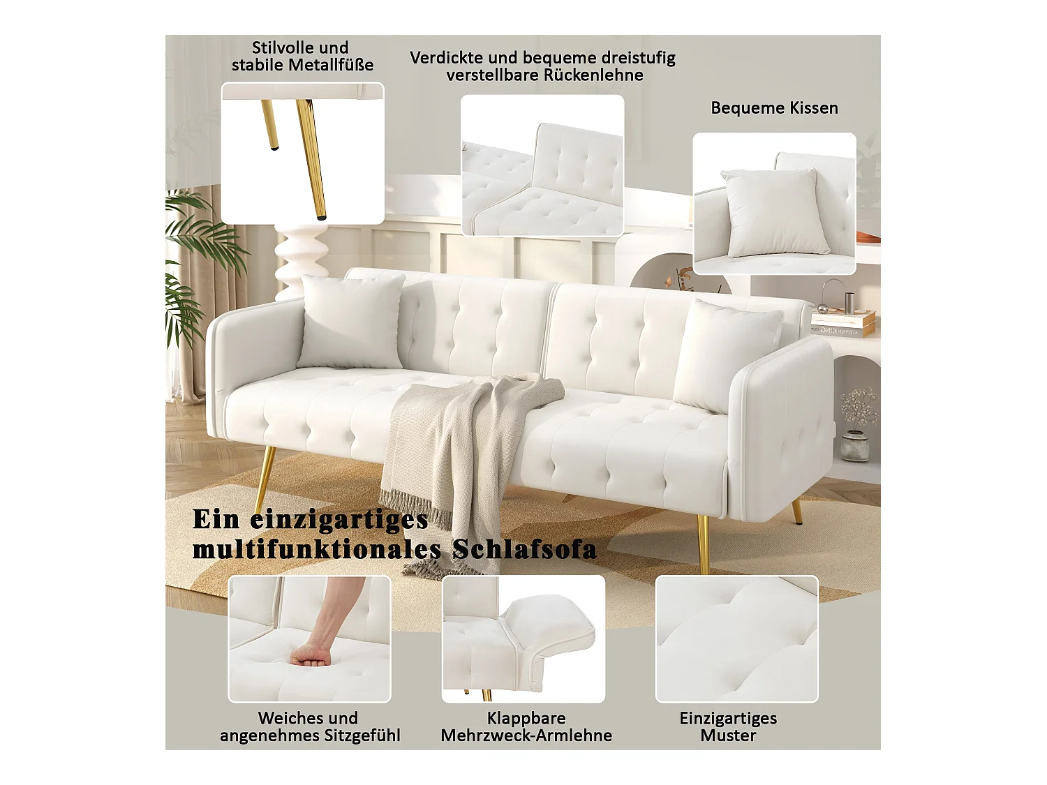 Divano letto 2 posti - 178 x 82 x 70 cm - con schienale e braccioli regolabili - velluto - bianco