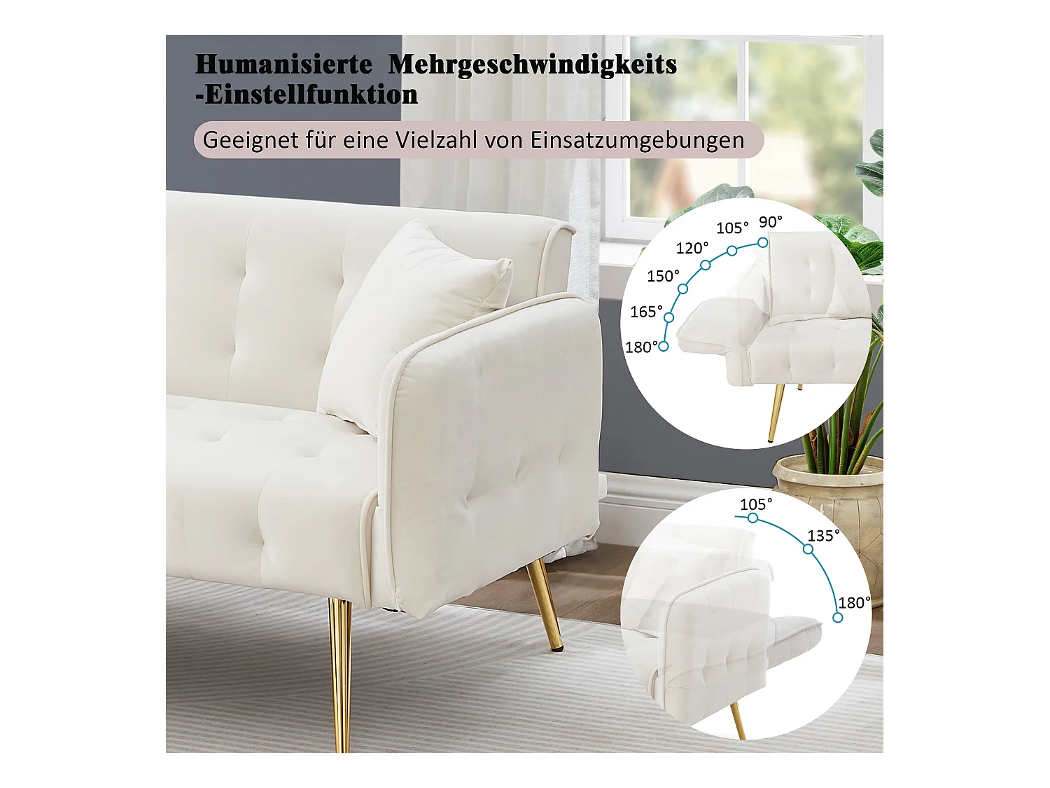 Divano letto 2 posti - 178 x 82 x 70 cm - con schienale e braccioli regolabili - velluto - bianco