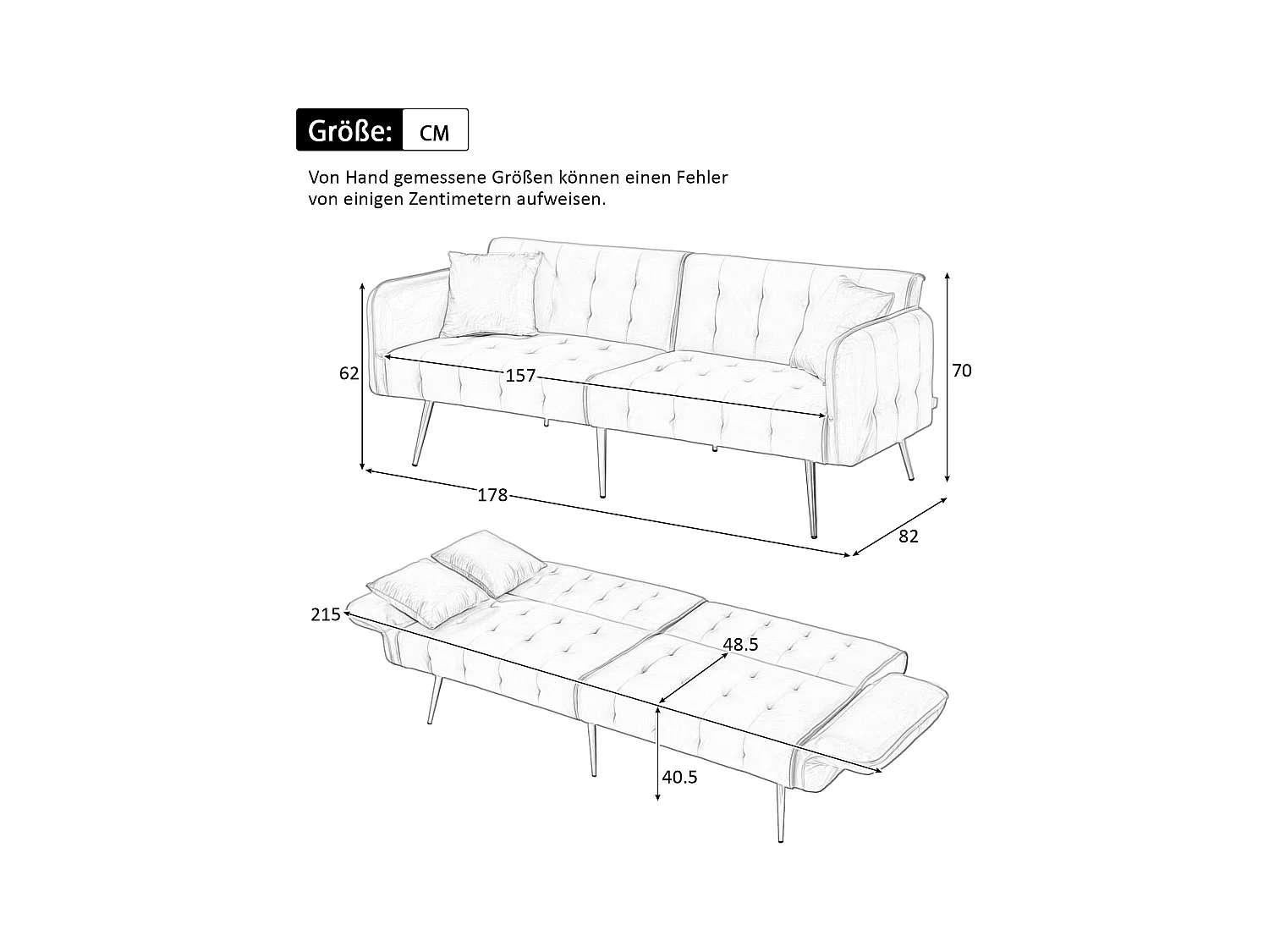 Divano letto 2 posti - 178 x 82 x 70 cm - con schienale e braccioli regolabili - velluto - bianco