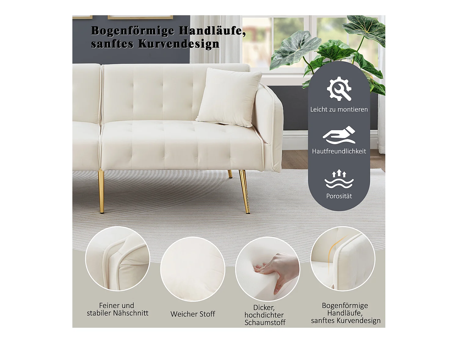 Divano letto 2 posti - 178 x 82 x 70 cm - con schienale e braccioli regolabili - velluto - bianco