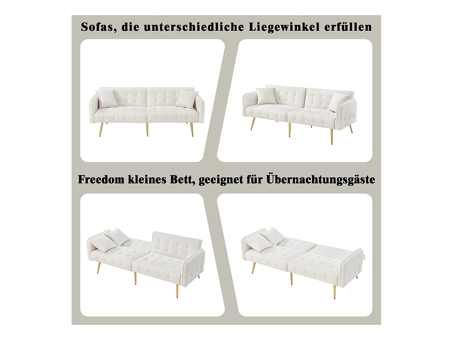 Divano letto 2 posti - 178 x 82 x 70 cm - con schienale e braccioli regolabili - velluto - bianco