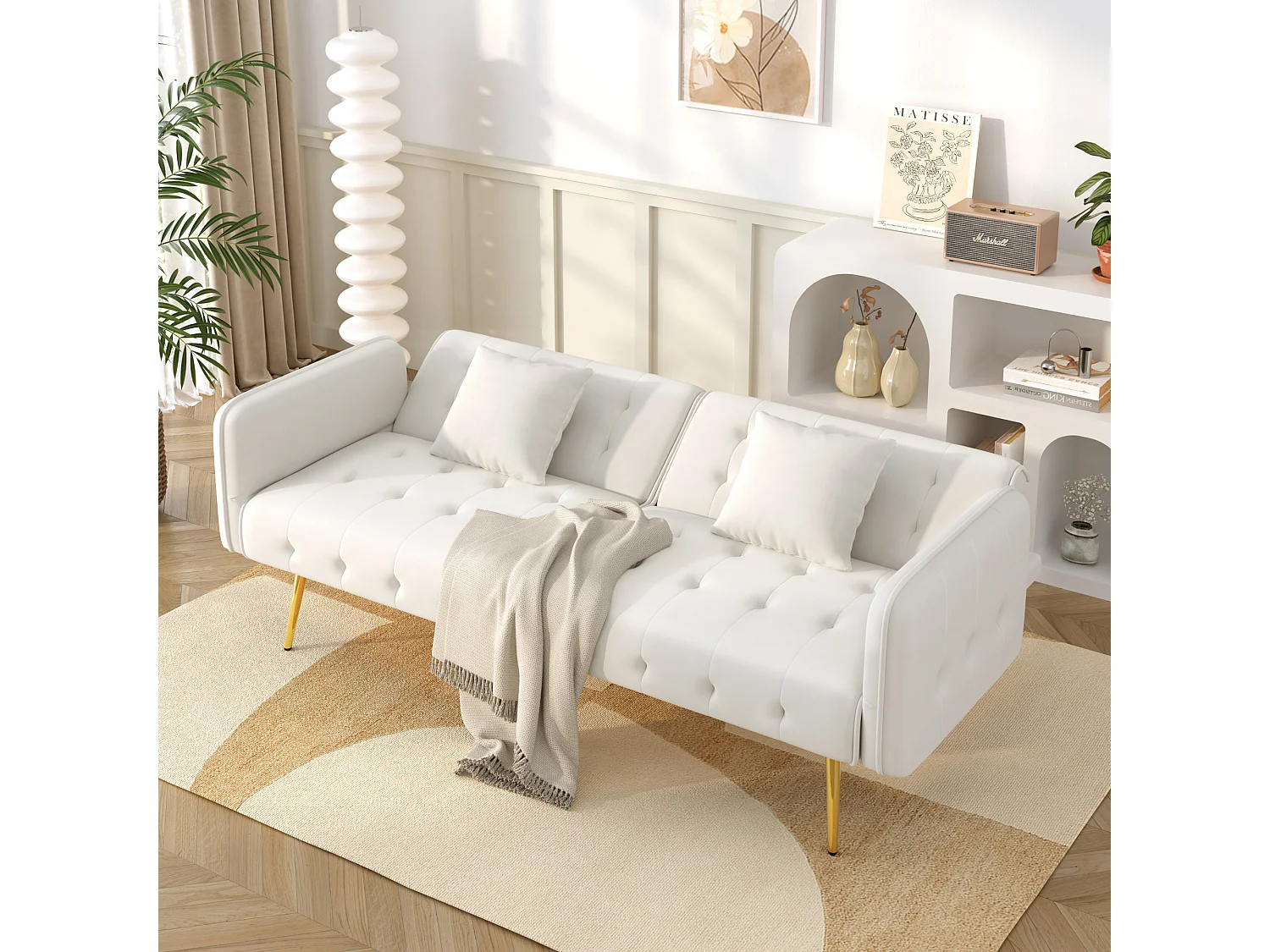 Canapé convertible 2 places - 178 x 82 x 70 cm - avec dossier réglable et accoudoirs - velours - blanc