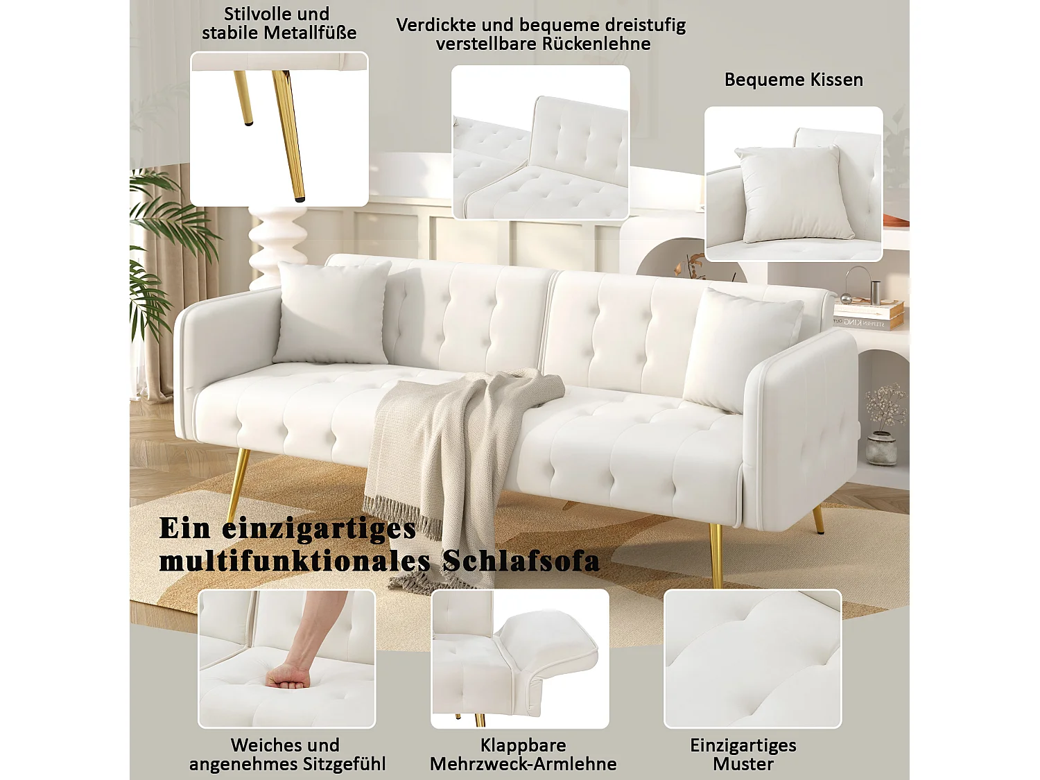 Canapé convertible 2 places - 178 x 82 x 70 cm - avec dossier réglable et accoudoirs - velours - blanc