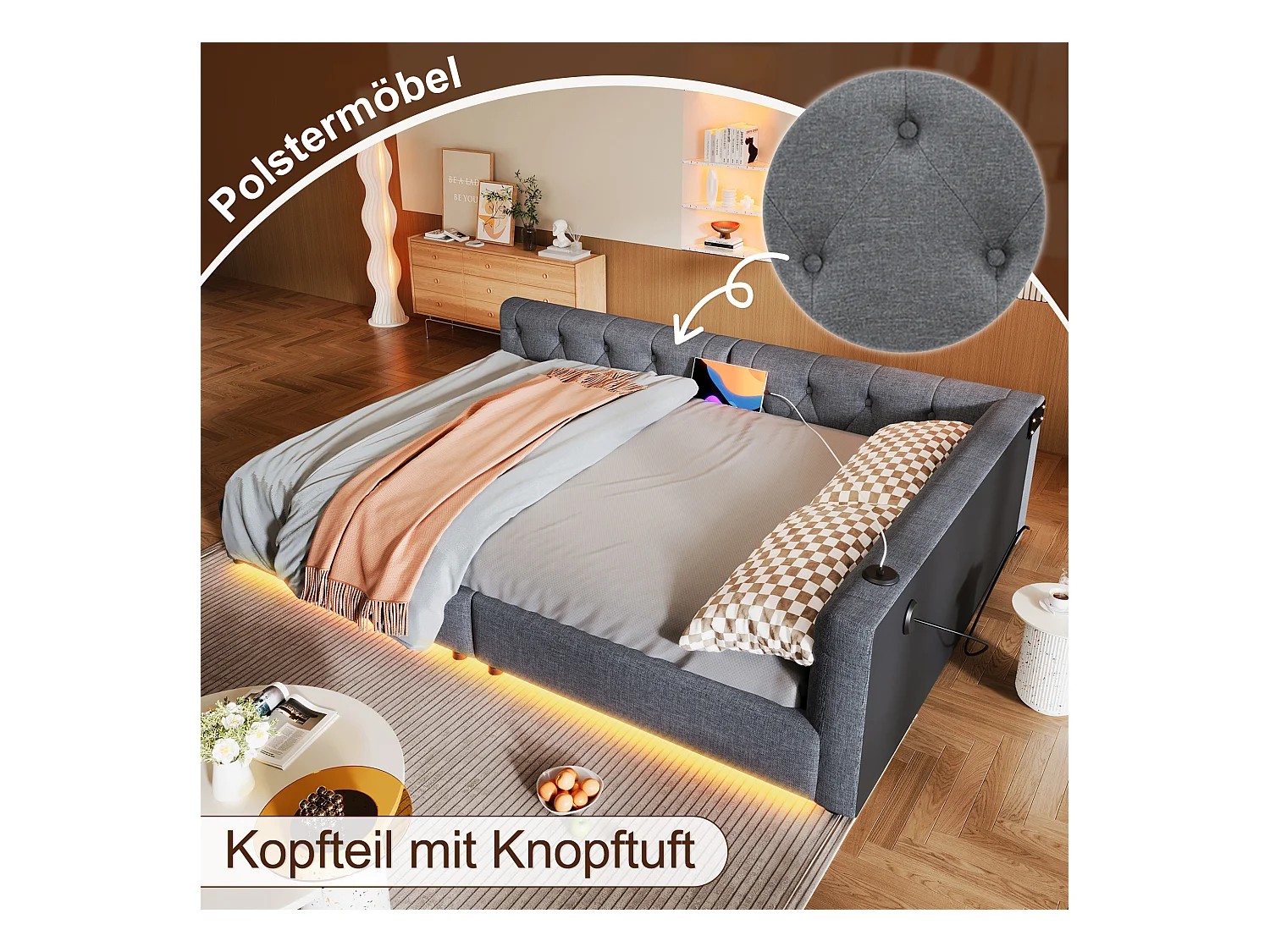 Canapé-lit enfant - 140 x 200 cm -  avec Leds + tête de lit + USB + Type-C - lin - gris