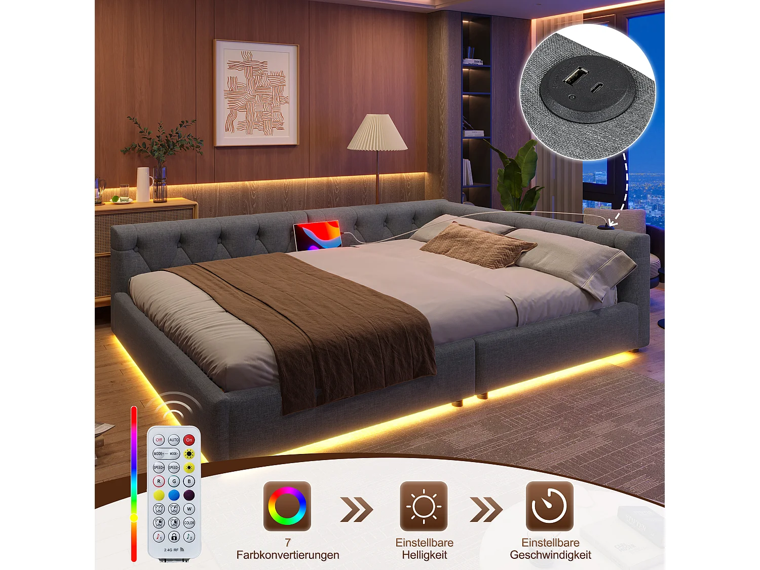 Kinderschlafsofa - 140 x 200 cm - mit LEDs + Kopfteil + USB + Typ-C - Leinen - Grau