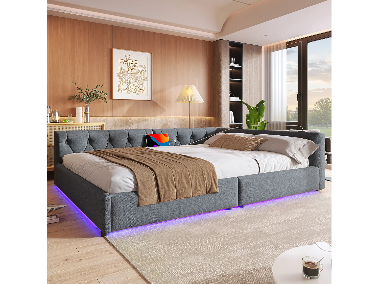 Divano letto per bambini - 140 x 200 cm - con LED + testiera + USB + Type-C - lino - grigio